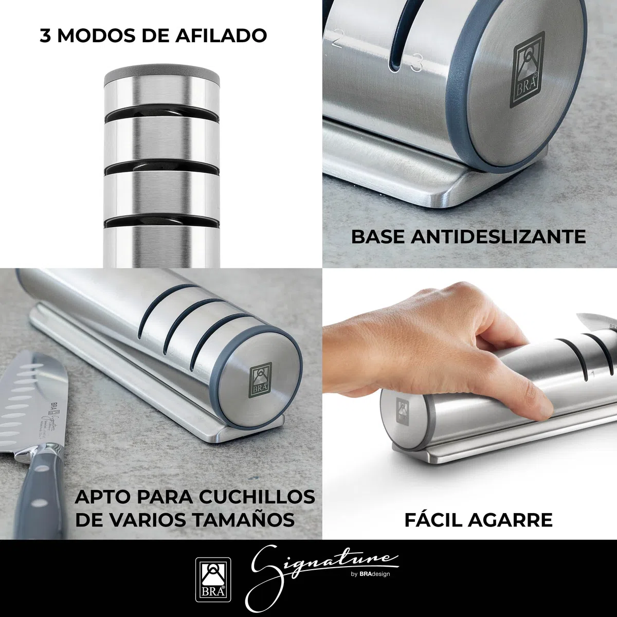 BRA Signature | Afilador de cuchillos, Acero Inoxidable 18/10, Sistema de tres ruedas, Alta Precisión