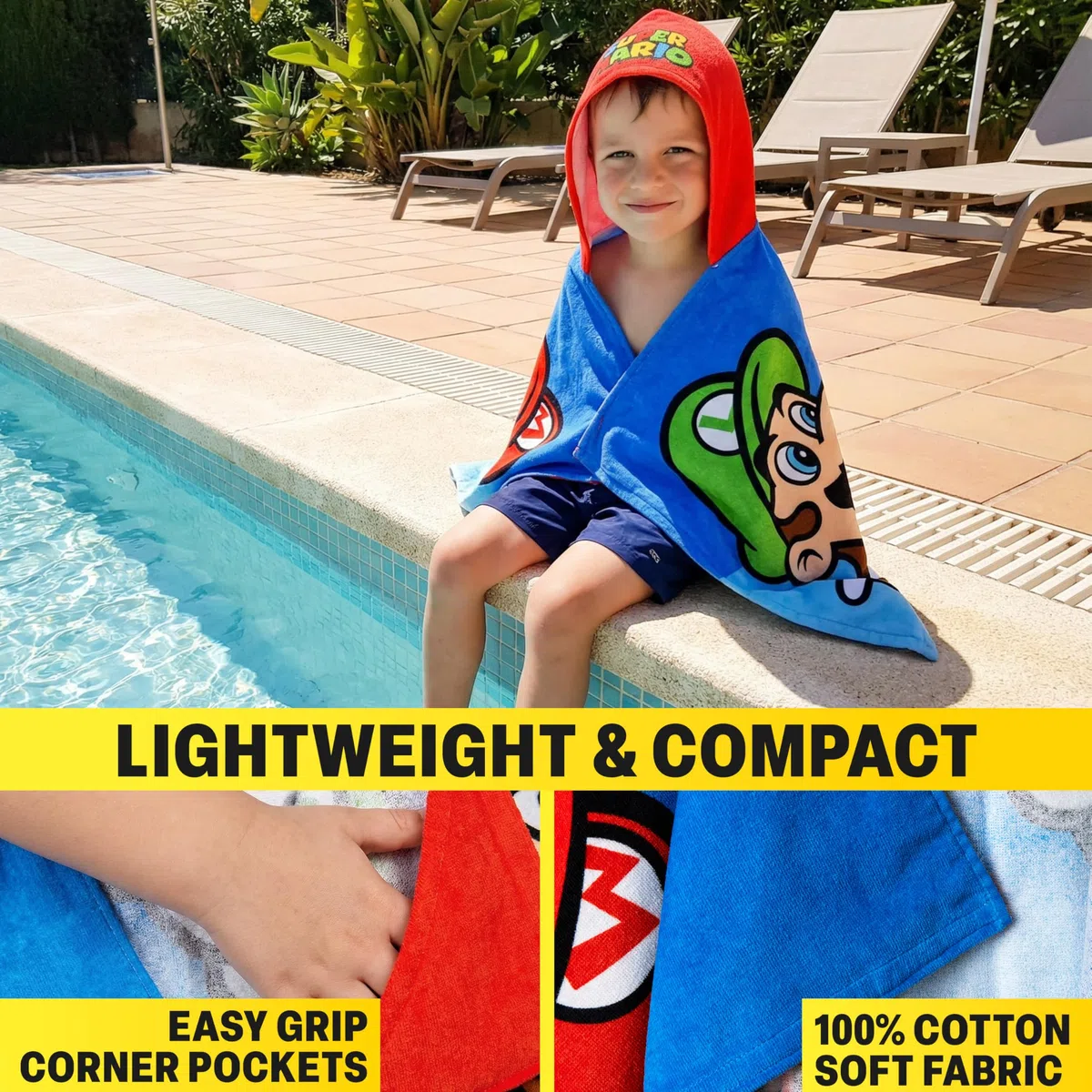 Get Trend Super Mario Poncho Toalla Niño con Capucha 125x75 cm, 100% Algodón, Toalla de Baño Infantil con Capucha, Poncho para Piscina Playa y Verano, Idea de Regalo Niño (Multi Super Mario)
