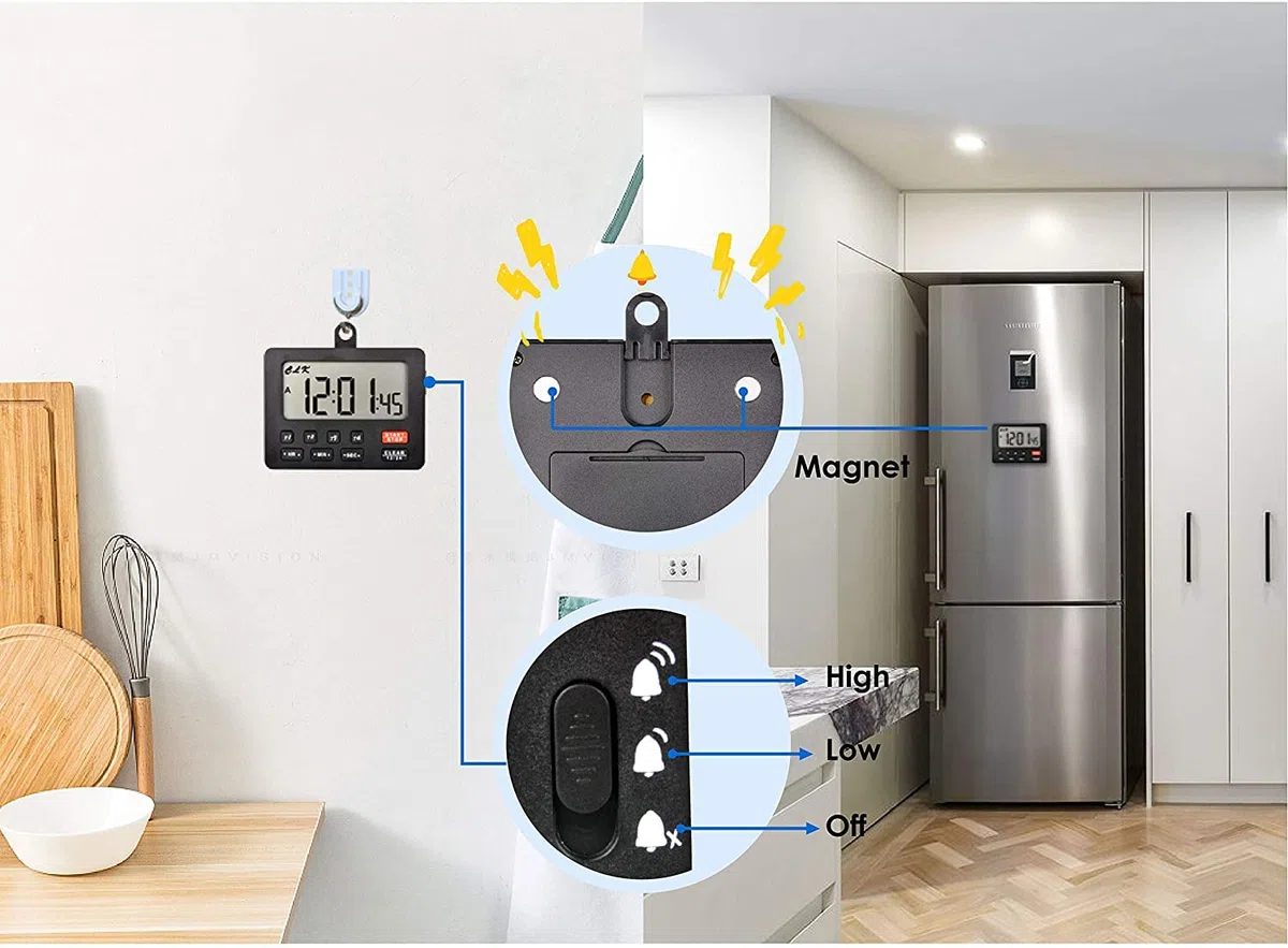 Runleader - Temporizador Digital de Cocina con 4 Canales de Seguimiento, Cuenta Regresiva y cronómetro, Reloj de 12/24 Horas, Bucle magnético para Cocina, Comedor, Sala de Aperitivos(Negro)