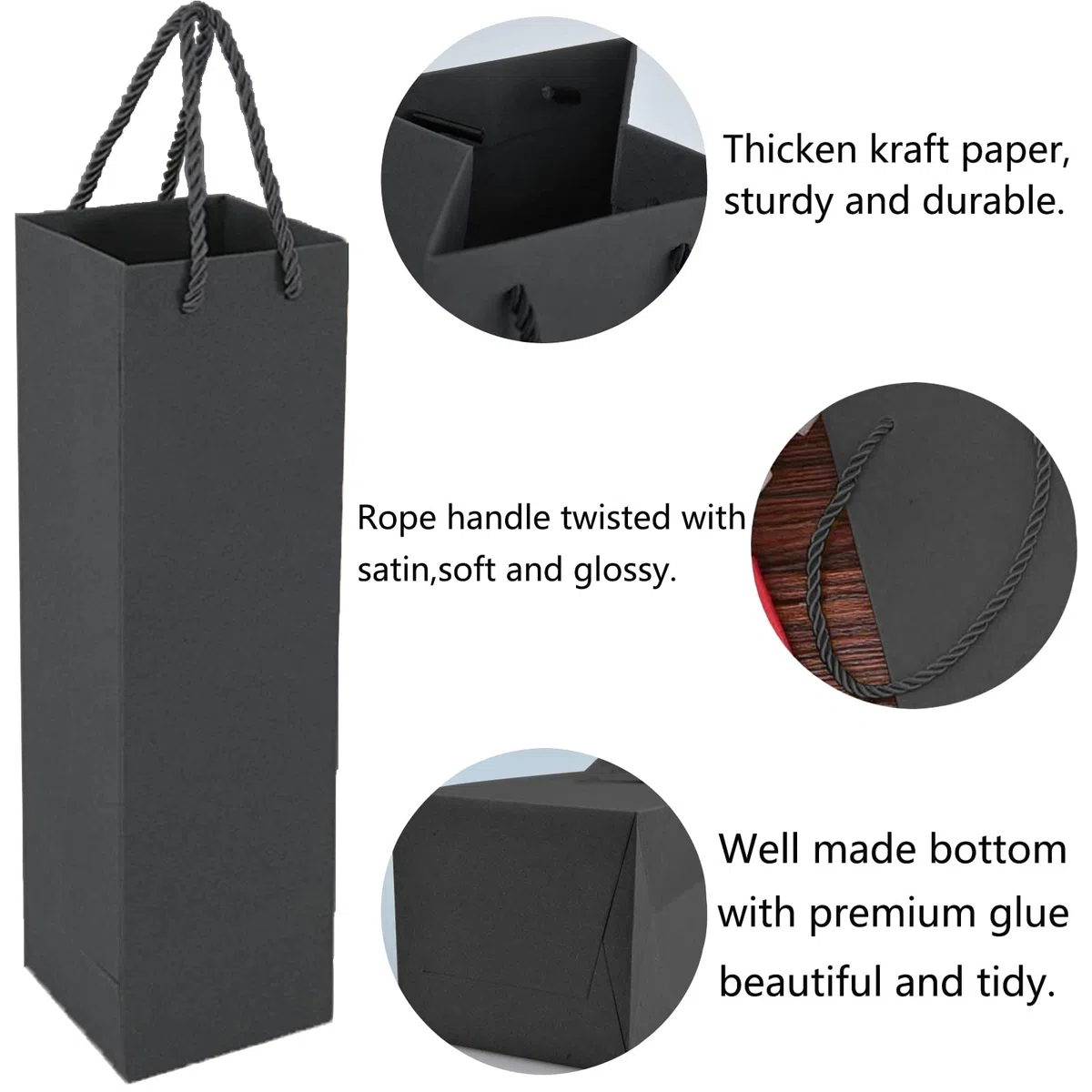 Bolsas de Regalo de Papel Kraft Premium con Asas, 20 Bolsas de Almacenamiento para Regalos de Vino, Fiesta, Boda y Navidad (negro)