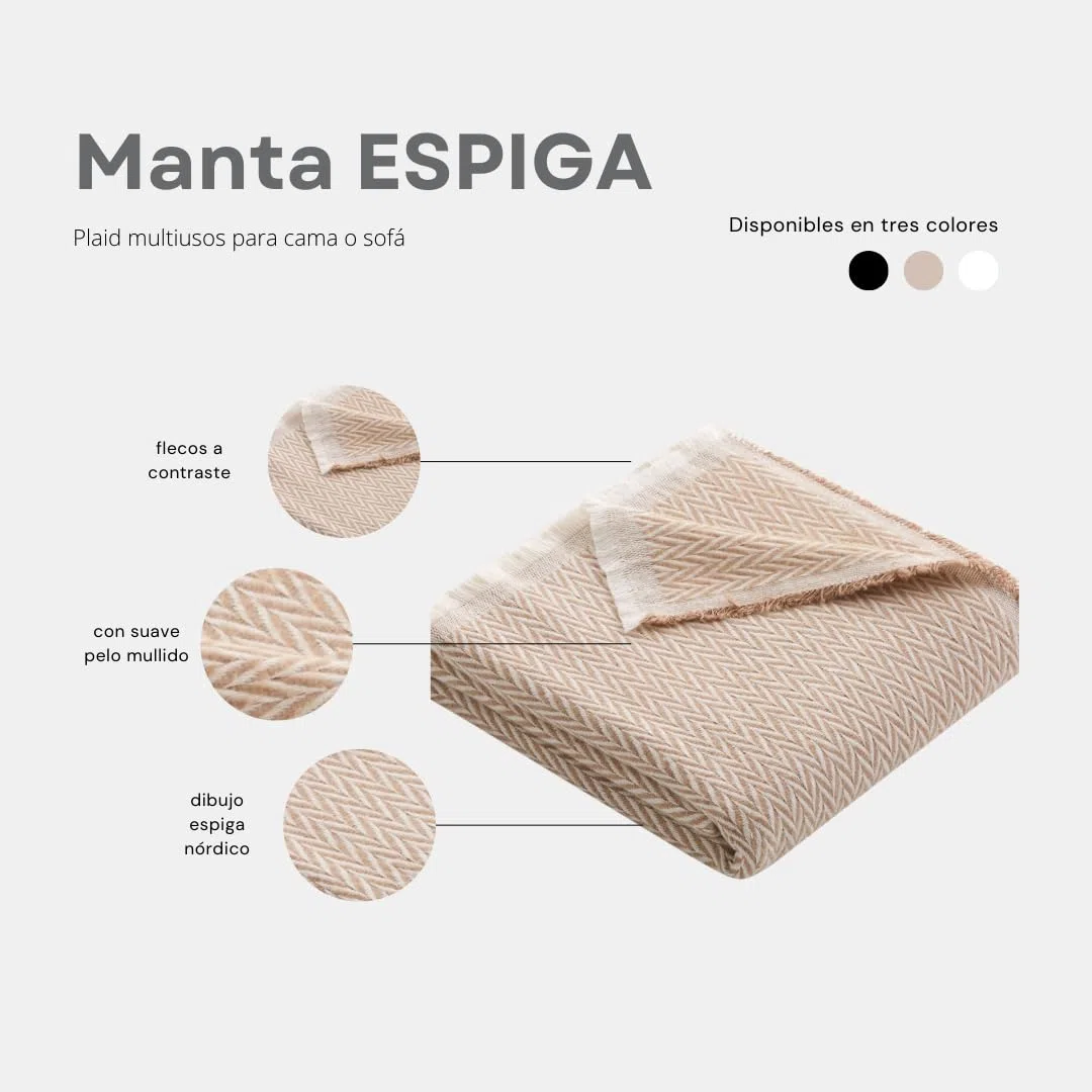 Lanovenanube Colcha Multiusos para sofá y Cama Espiga. Plaid cubrecama y cubresofa de algodón - poliéster. Manta Foulard cómoda y práctica. Medida 120x180 cm, Color Negro