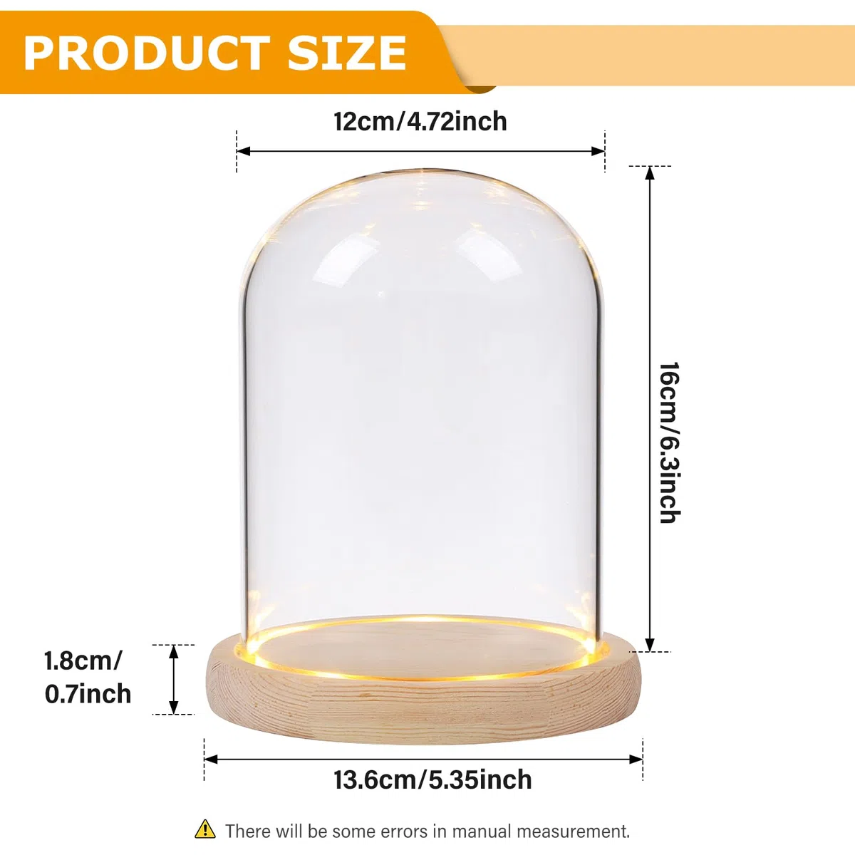 BORDEAG Campana de cristal con suelo de madera, campana de cristal decorativa con base de madera, cúpula de cristal con base de madera natural, cúpula de cristal decorativa alta, cúpula de cristal