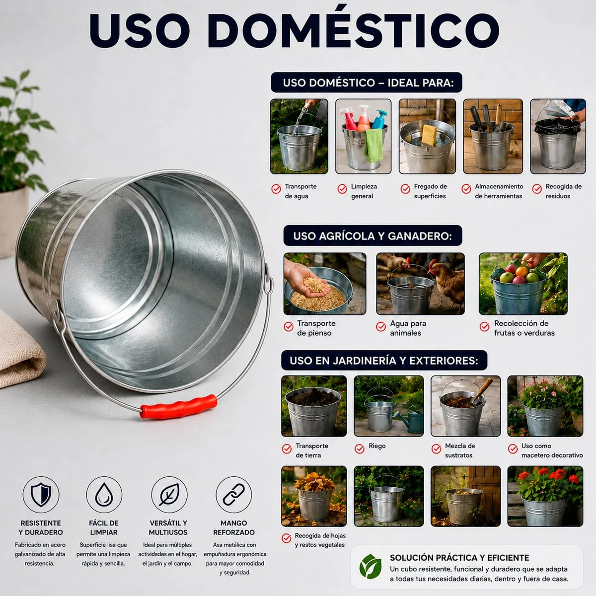 CABLEPELADO - Cubo de Acero Galvanizado con Asa Reforzada | Capacidad de 16 litros | Cubo de Metal Multiusos para Jardín, Hogar y Obra | Resistente a la Corrosión y a la Intemperie | Plata