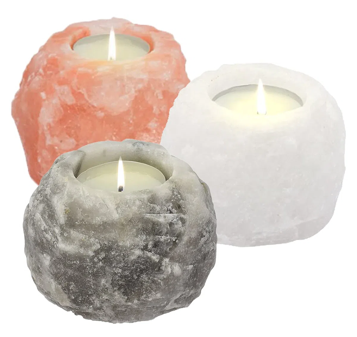 Paquete de 3 portavelas de sal del Himalaya, portavelas de té, color rosa, blanco, gris, cristal himaliano, lámpara de sal de roca, juego de velas de té, luces en T ionizantes curativas (naranja,