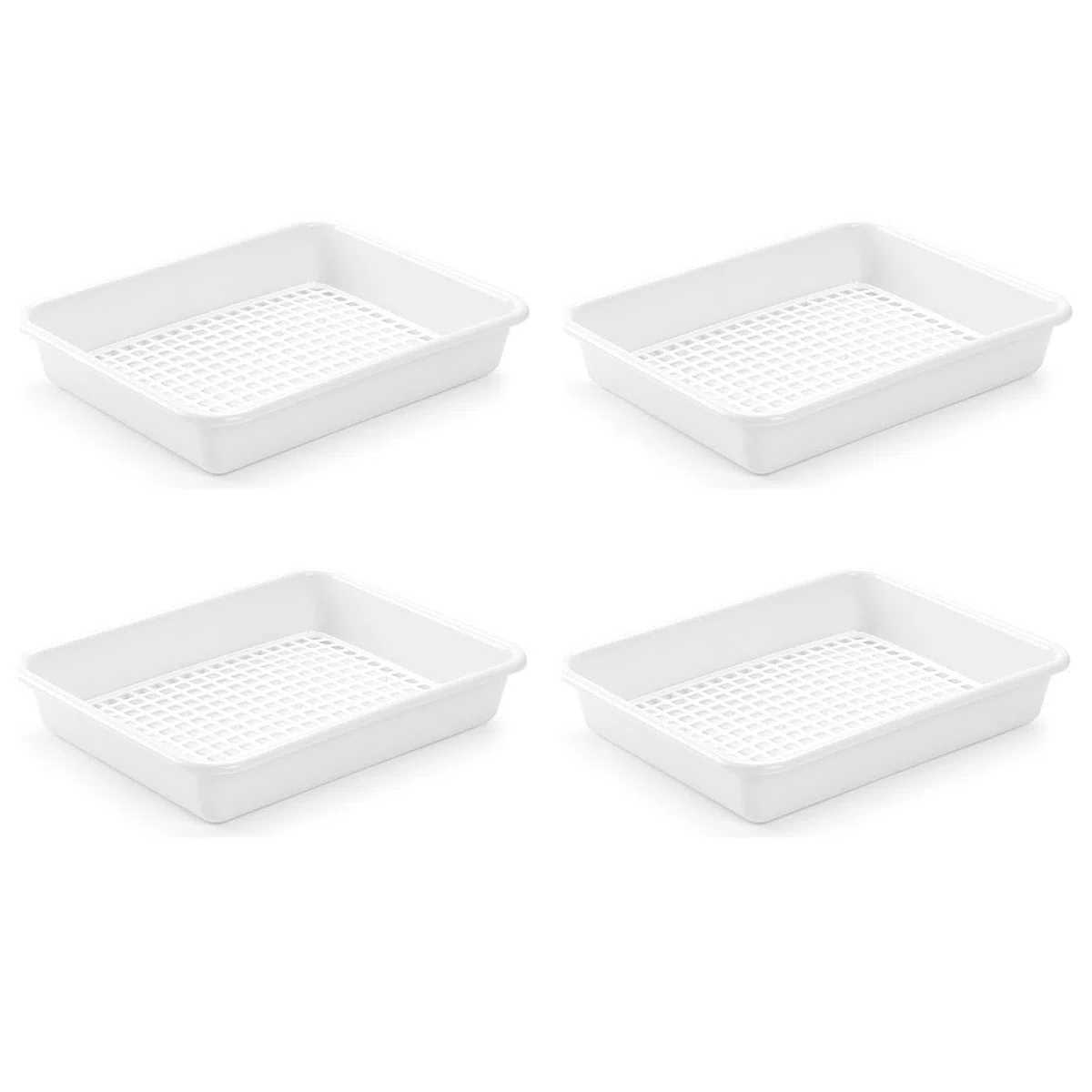 Tradineur - Pack de 4 bandejas frigoríficas de Almacenamiento con Rejilla, plástico Reutilizable, descongelar Alimentos, Fabricado en España - 35 x 27 x 6 cm - Blanco