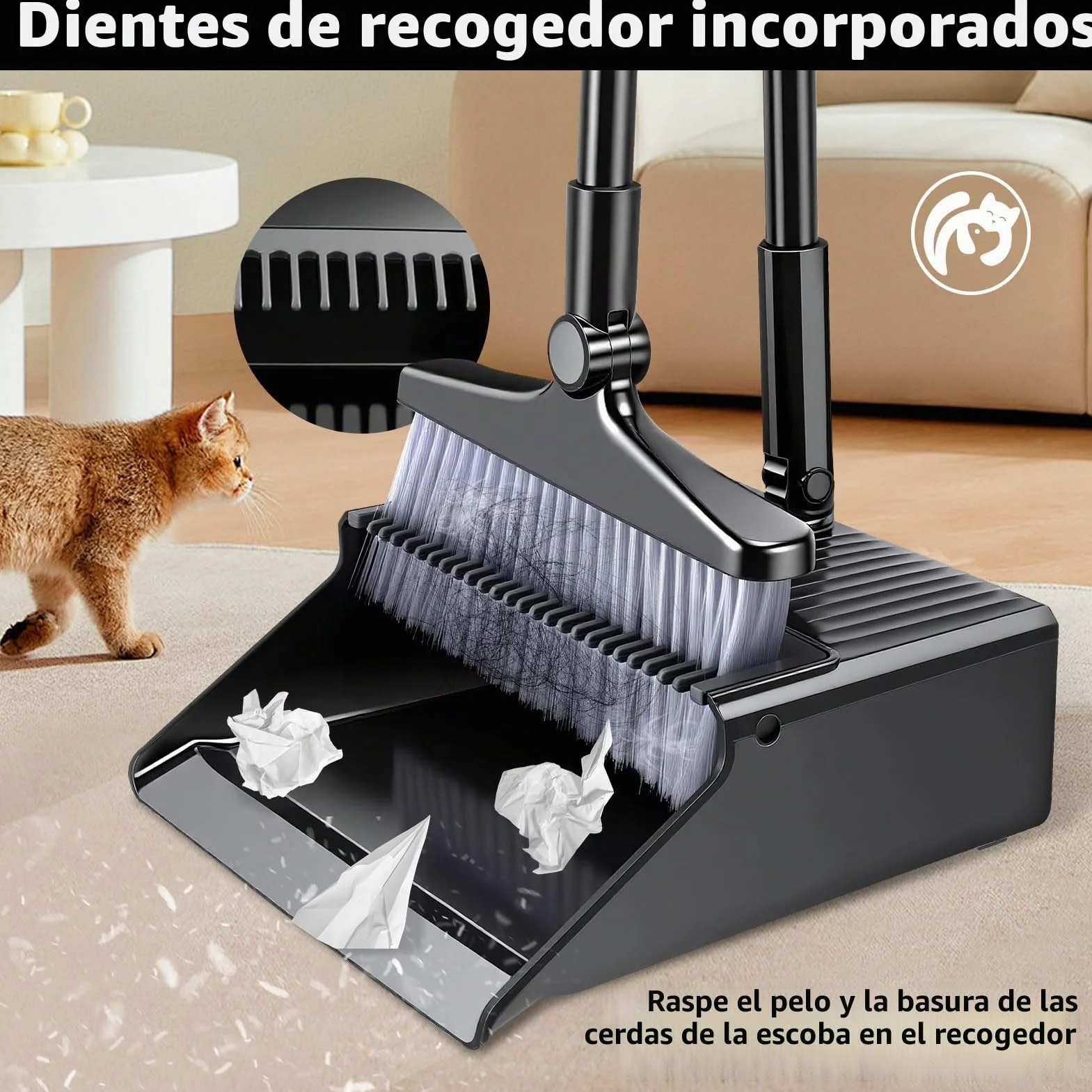 Juego de Escoba y recogedor,Juego de recogedor y Cepillo de Mango Largo,Juego de Escoba Vertical para Barrer,Cepillo barredor Giratorio 180 Grados,Recogedor doméstico con Dientes de Peine para hogar