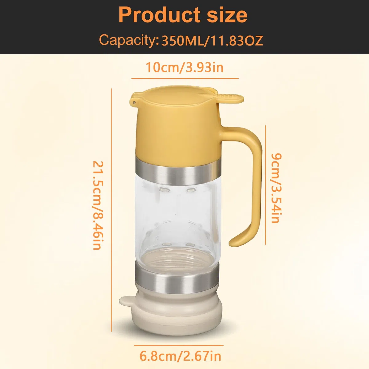 BigKing Dispensador de Jarabe, dispensador de Jarabe con tapas superiores e inferiores extraíbles, dosificador de Jarabe de vidrio borosilicato alto, transparente (Amarillo(350ml))