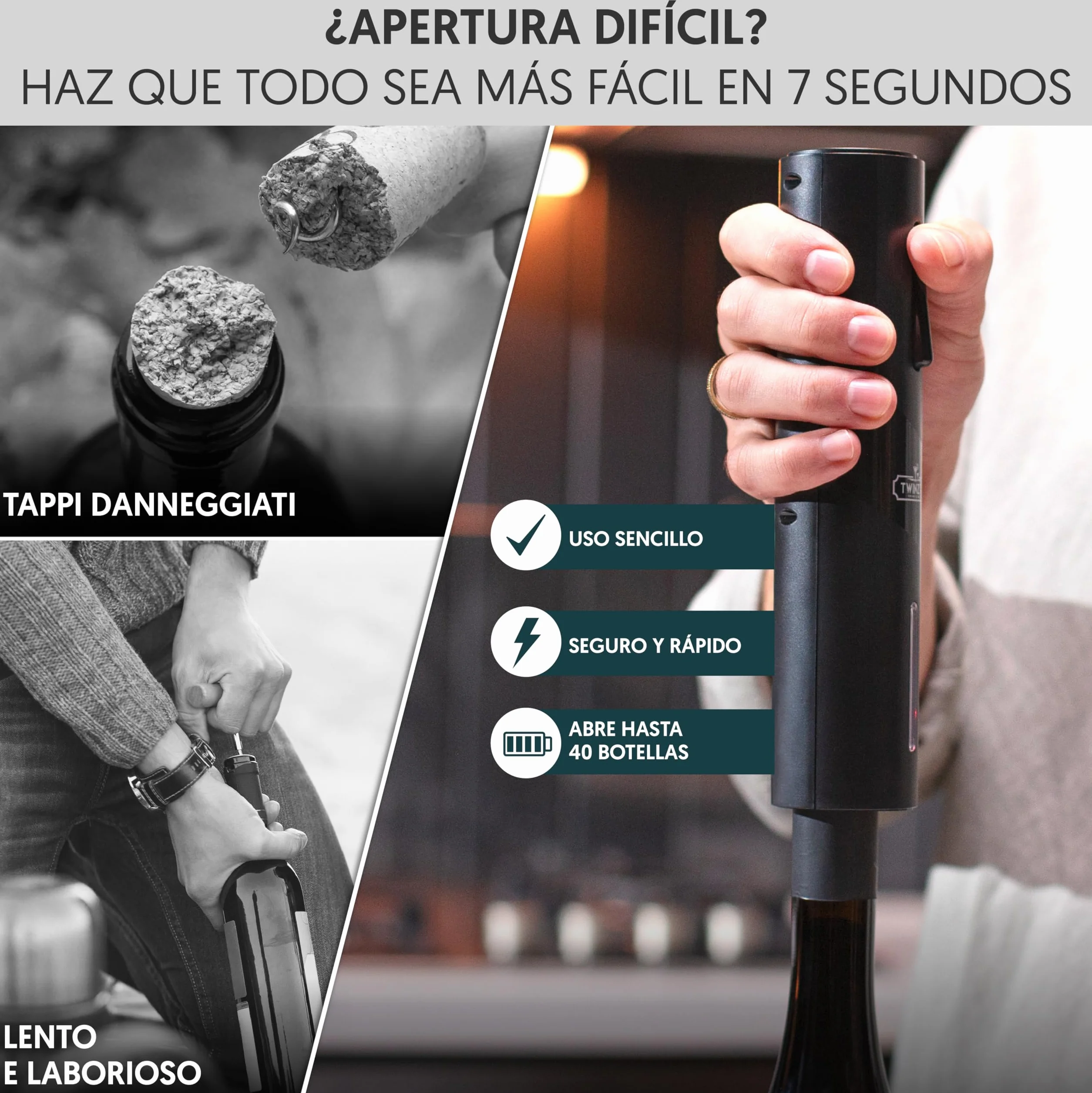 Sacacorchos Eléctrico Recargable 6 en 1 con corta cápsula, Boquilla Aireador, Bomba de Vacío, Tapón y Cable USB del Abridor de Vino Electrico - Regalo hombre para amantes del vino