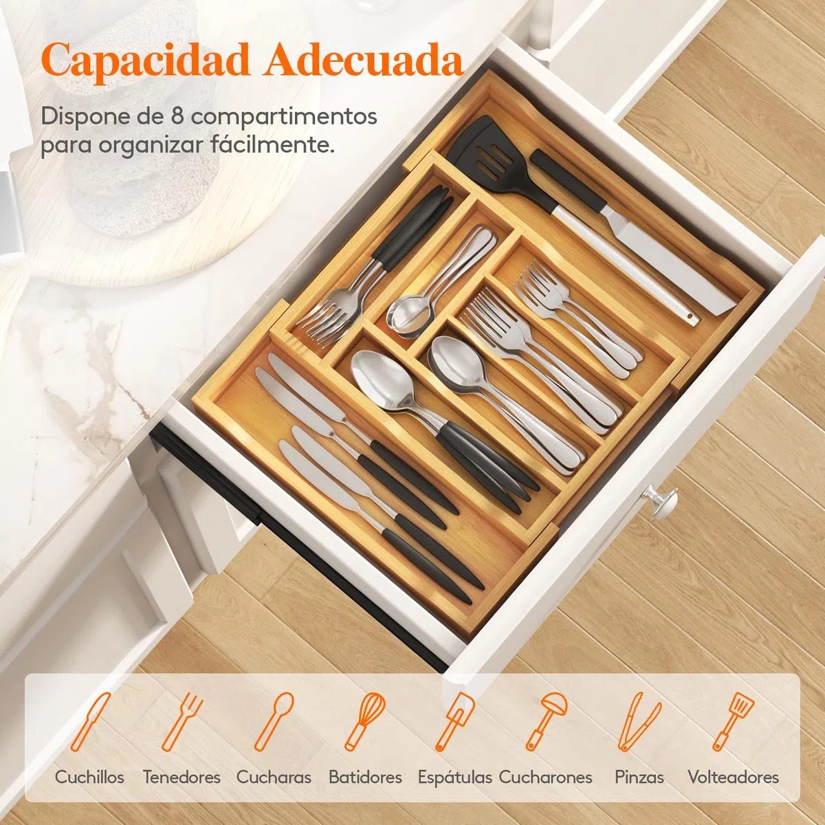 Lifewit Pequeño Bandeja para Cubiertos para Cajones, Profundidad de 33 cm, Cuberteros Extensible de Hasta 42 cm de Ancho, Organizador de Cocina para Pequenos Cubiertos, Cucharas de Te, Tenedores