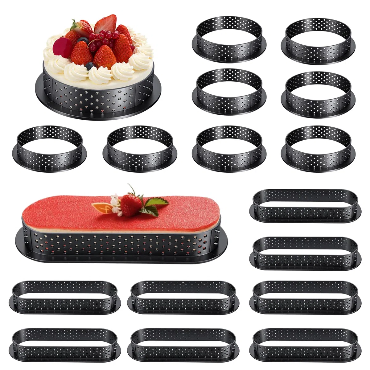 10 Piezas Aros Perforados Tartaletas, Aros para Tartaletas Redondos y Ovalados con Orificios de Ventilación, Moldes de Mousse Perforados, para tartas de frutas, quiches, mousse, kuChe para hornear