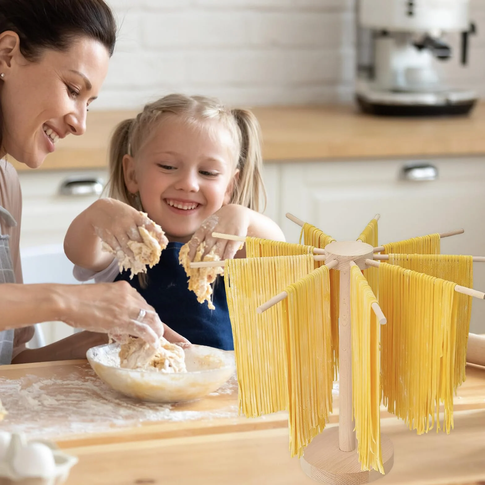 Secador de pasta de madera, 46 cm x 40 cm, para hasta 4,5 kg, con 9 brazos extraíbles, reutilizable, para pasta y fideos (A)