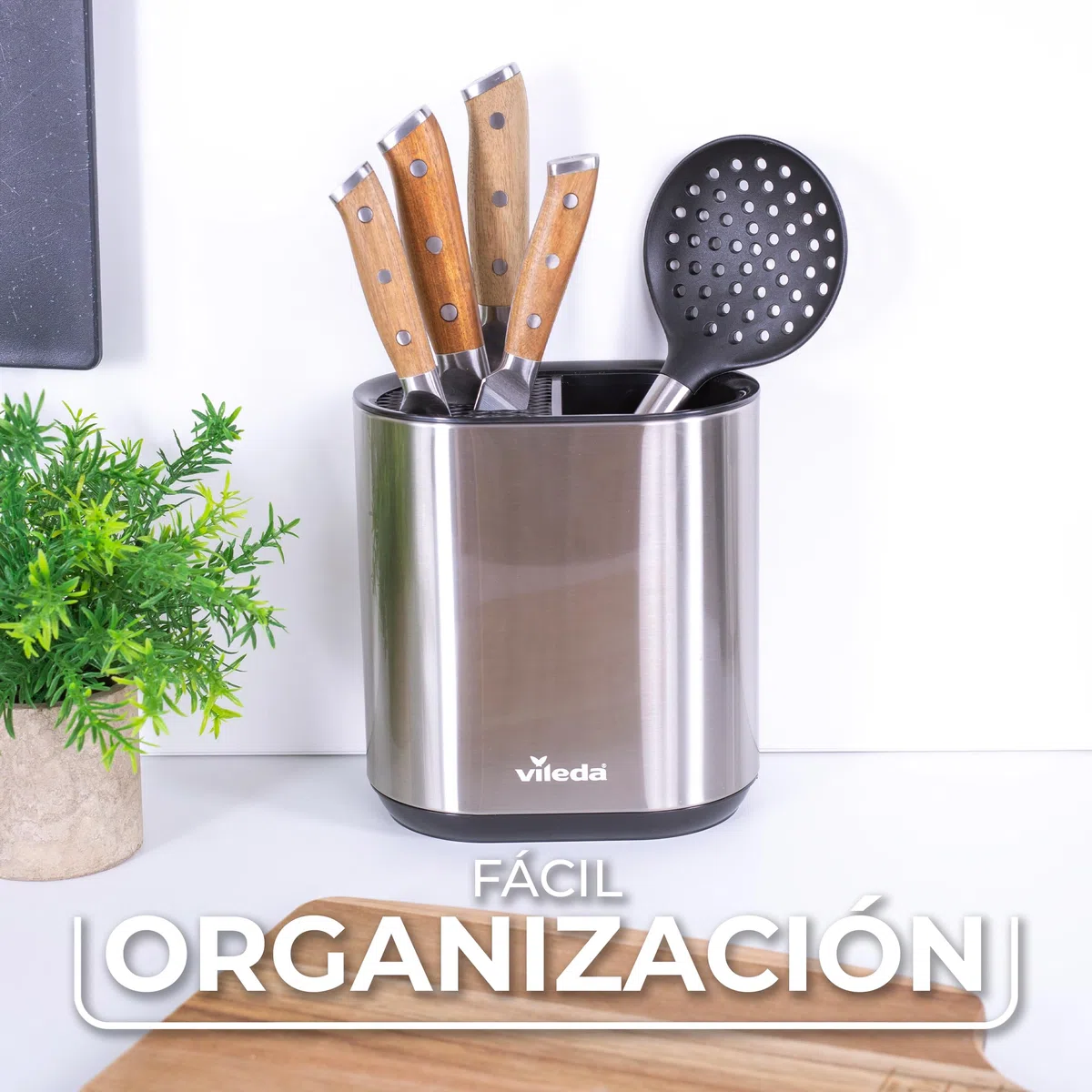 Vileda Organizador de cocina de acero inoxidable – Recipiente para guardar utensilios de cocina – Utensilios de cocina Soporte – Soporte para utensilios de cocina – Soporte para cucharas de cocina