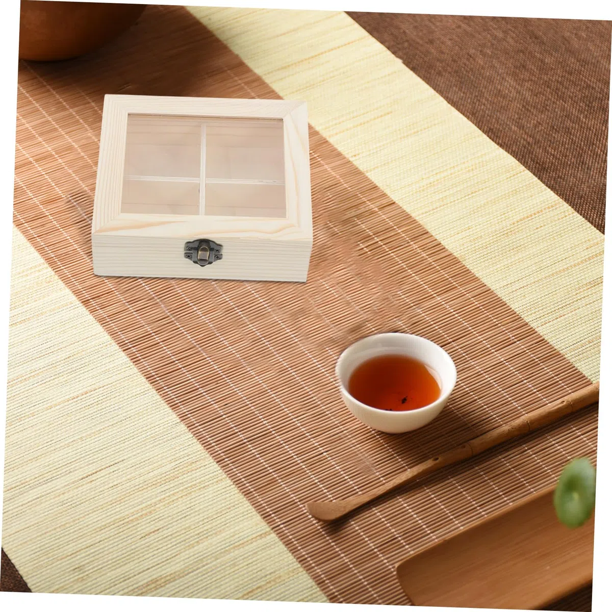 GLEAVI Caja Organizadora de Té Multifuncional de Madera con Tapa y Cuatro Compartimentos para Bolsitas de Té y Café en Encimeras de Cocina