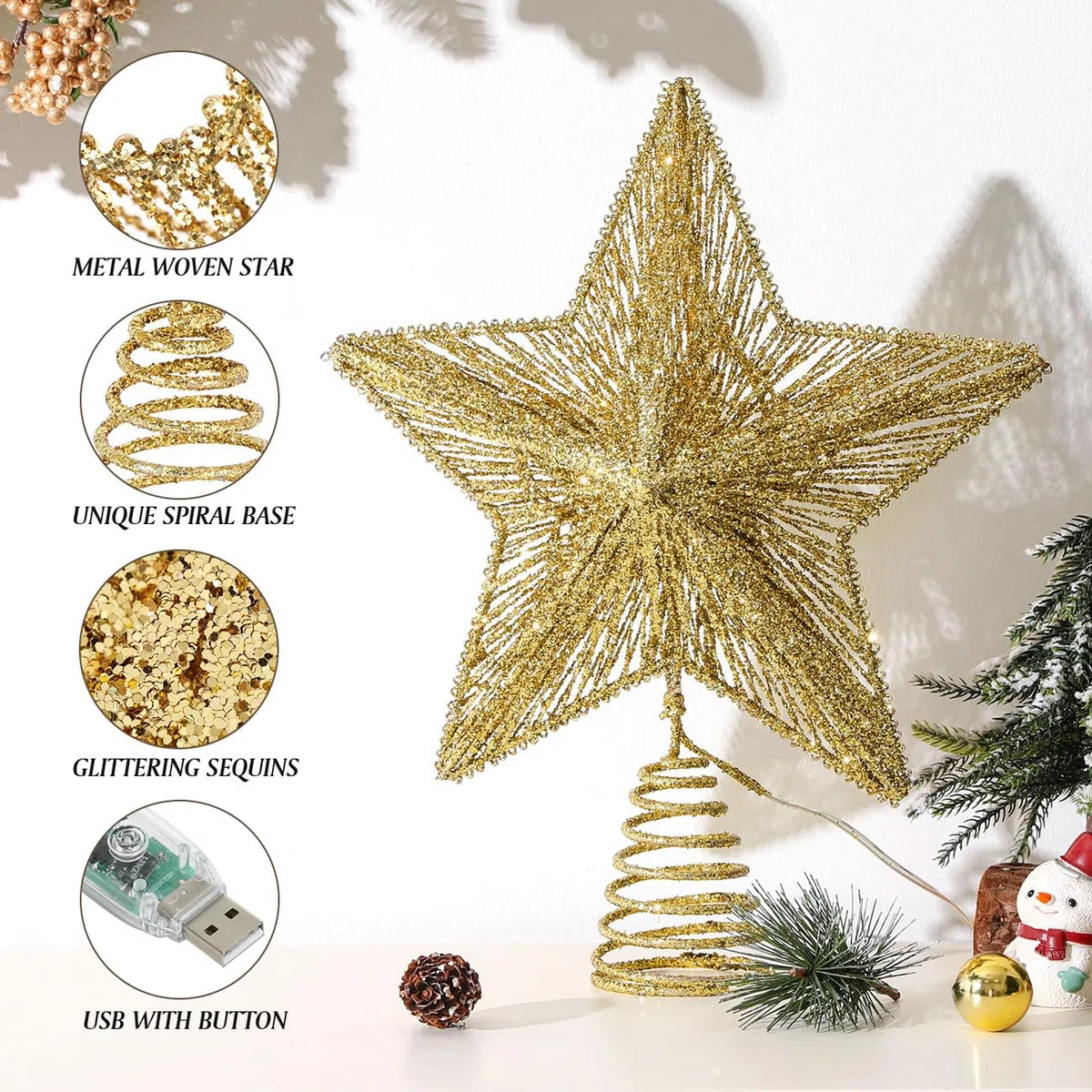 Estrella de Cinco Puntas para Árbol de Navidad, Adorno Brillante con Luces LED USB y Mando a Distancia, Oro