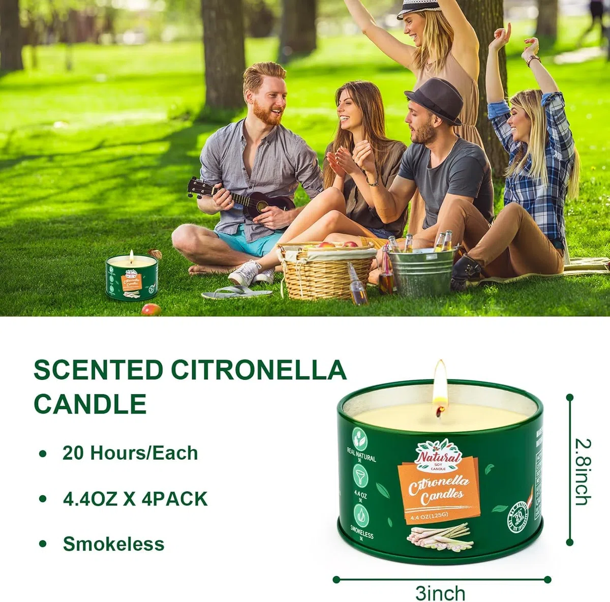 Velas de citronela para exteriores, 4 velas de citronela, para exteriores, 120 horas de combustión, vela de jardín, cera de soja natural, juego de velas aromáticas para camping, terraza, picnics