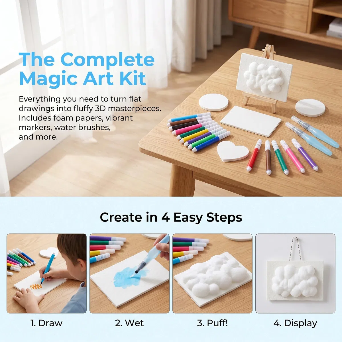 Kit de Pintura con Textura de Espuma 42 Piezas - Magic Puffy Paint para Niños, Papel de Pintura con Textura de Espuma 3D y 12 Marcadores de Acrílico