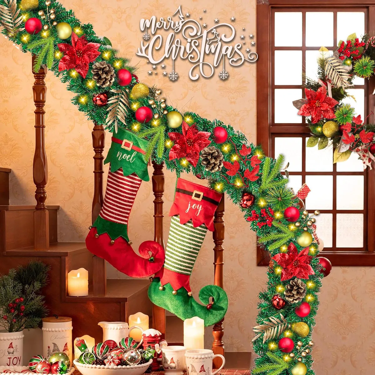 Guirnalda Navidad 270 cm con Luces - Adorno para Escaleras, Puerta, Ventana