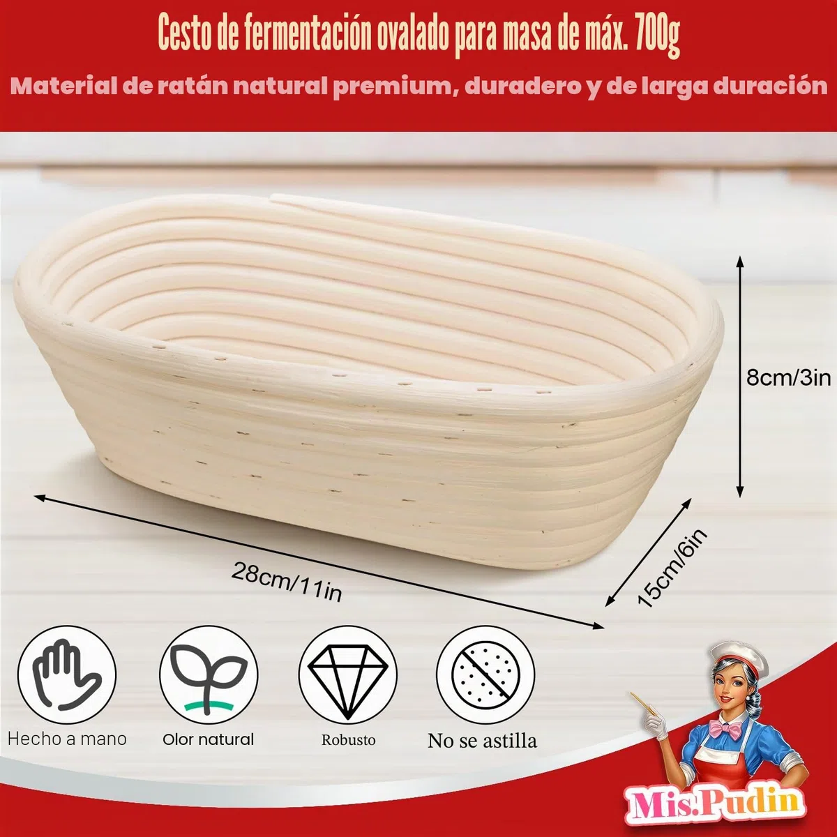 Banetones para Pan Ovalado 28cm para 700g Masa, Set Cesta Pan Hecho Mano Ratán con Lino, Tapas, Raspador, Cuchillo Lame, Cesta de Fermentación de Iniciación Perfecto