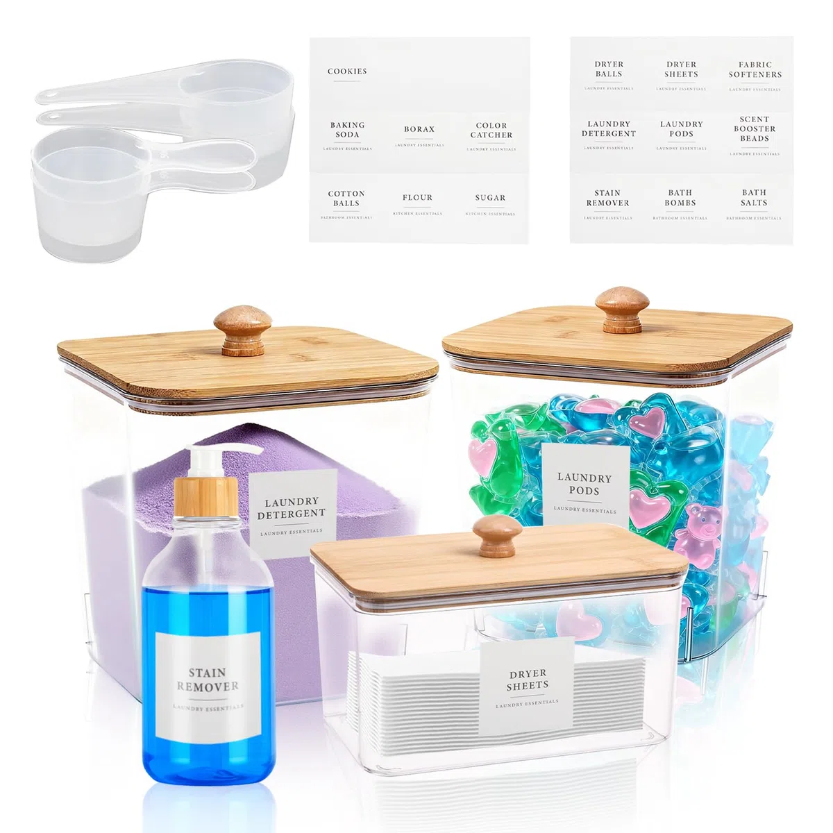 Pods de almacenamiento de detergentes, caja de almacenamiento de polvo de lavado con palas y etiquetas, juego de recipientes para detergentes, cajas de detergente con tapa para vainas de