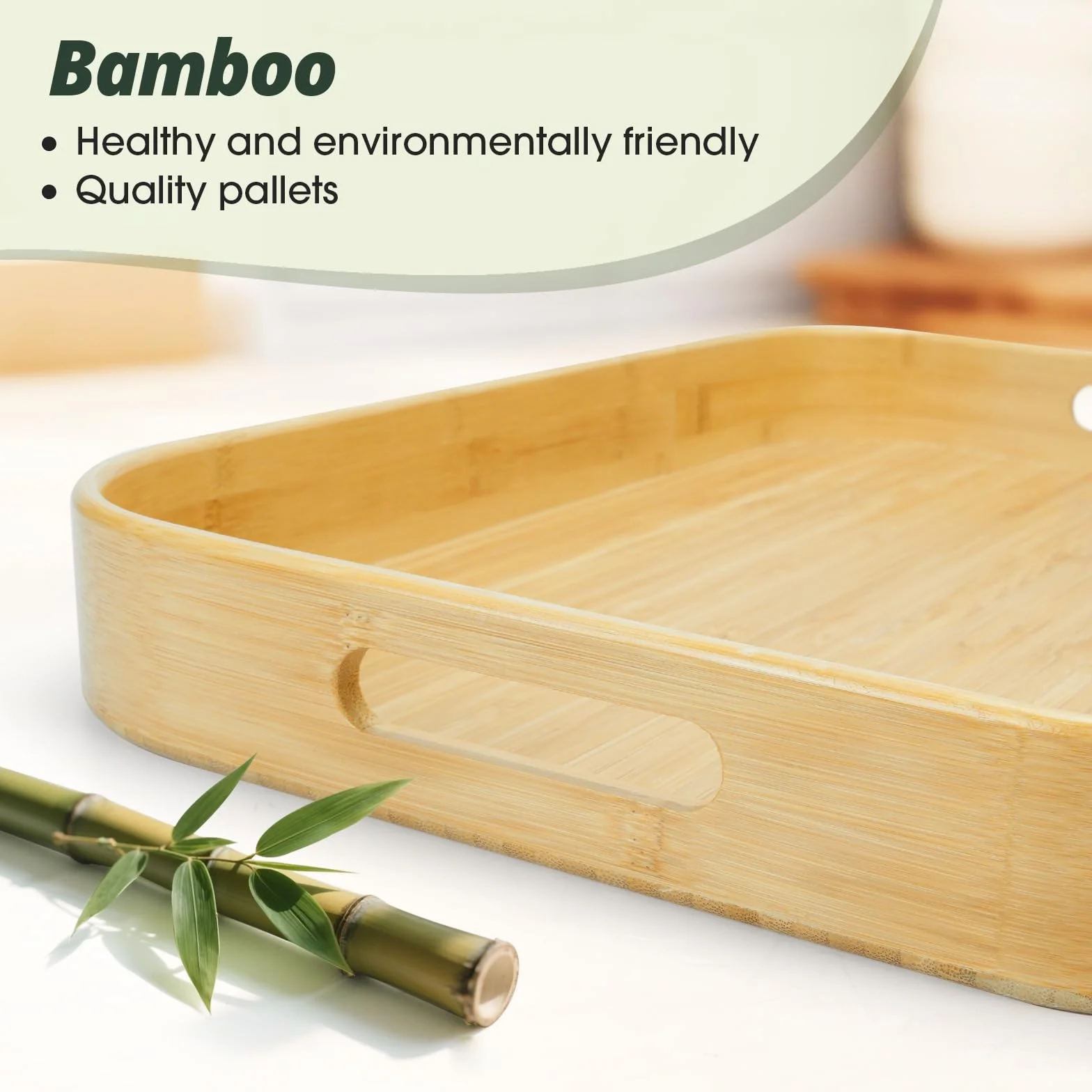 Bandeja de bambú para Servir con Asas,Bandeja de Madera 46x33x5.5 CM, Rectangular Cocina,Bandejas Decorativas para Desayuno, Bebidas, Aperitivos, Decoración del Hogar