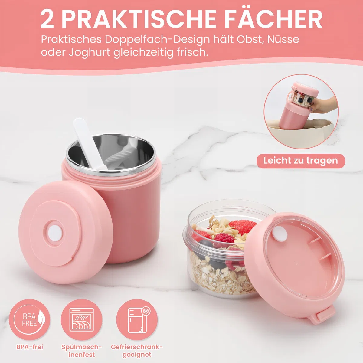 Bugucat Vaso de Cereales Para Llevar de Acero Inoxidable,530 ml + 330 ml,a Prueba de Fugas,Fiambrera Para Llevar Con Cuchara, Práctica Fiambrera Para Yogur y Cereales,Para Trabajo, Escuela,Rosa