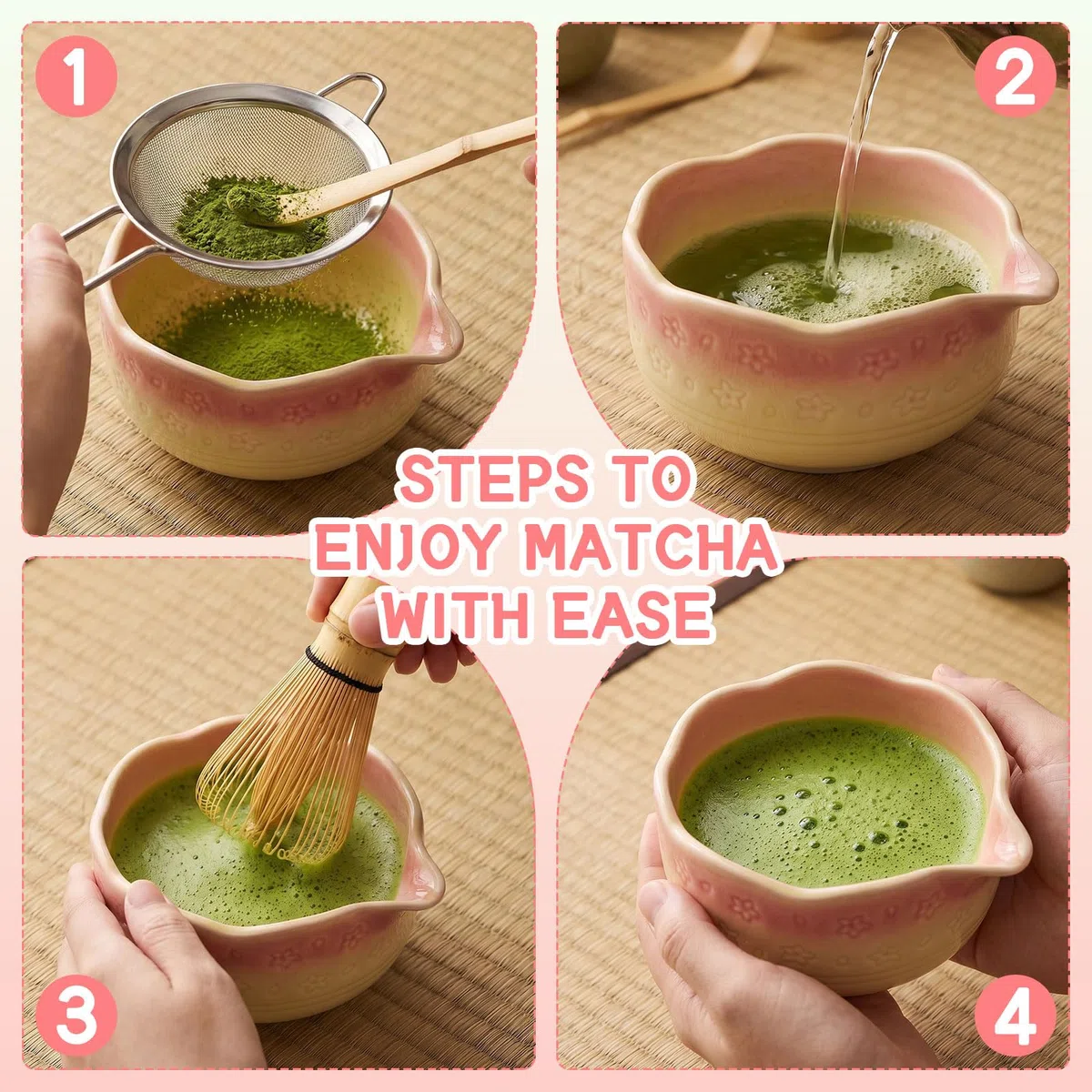 Kit Matcha 8 Piezas, Set Ceremonia Té Japonés con Cuenco 550ml, Batidor, Soporte Chasen, Cuchara Chashaku, Porta Cuchara, Colador y Paño