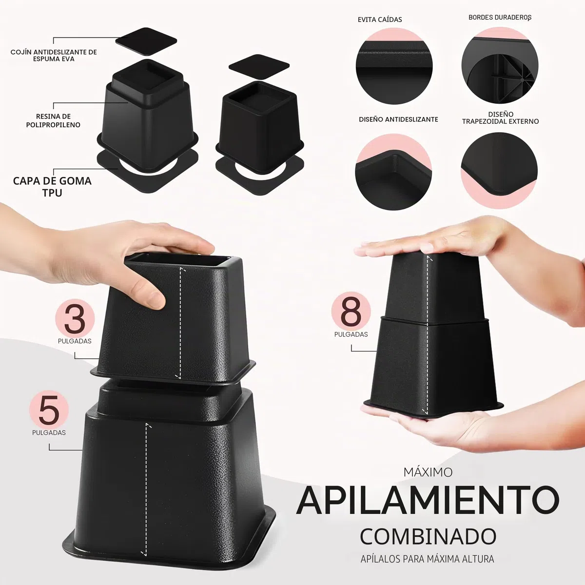 Utopia Bedding Elevadores Ajustables para Muebles de Cama (Juego de 8) - Elevación en Alturas 3, 5 u 8 Pulgadas Elevadores Resistentes para Sofá y Mesa - Soporta hasta 1.5 Libras - (Negro)