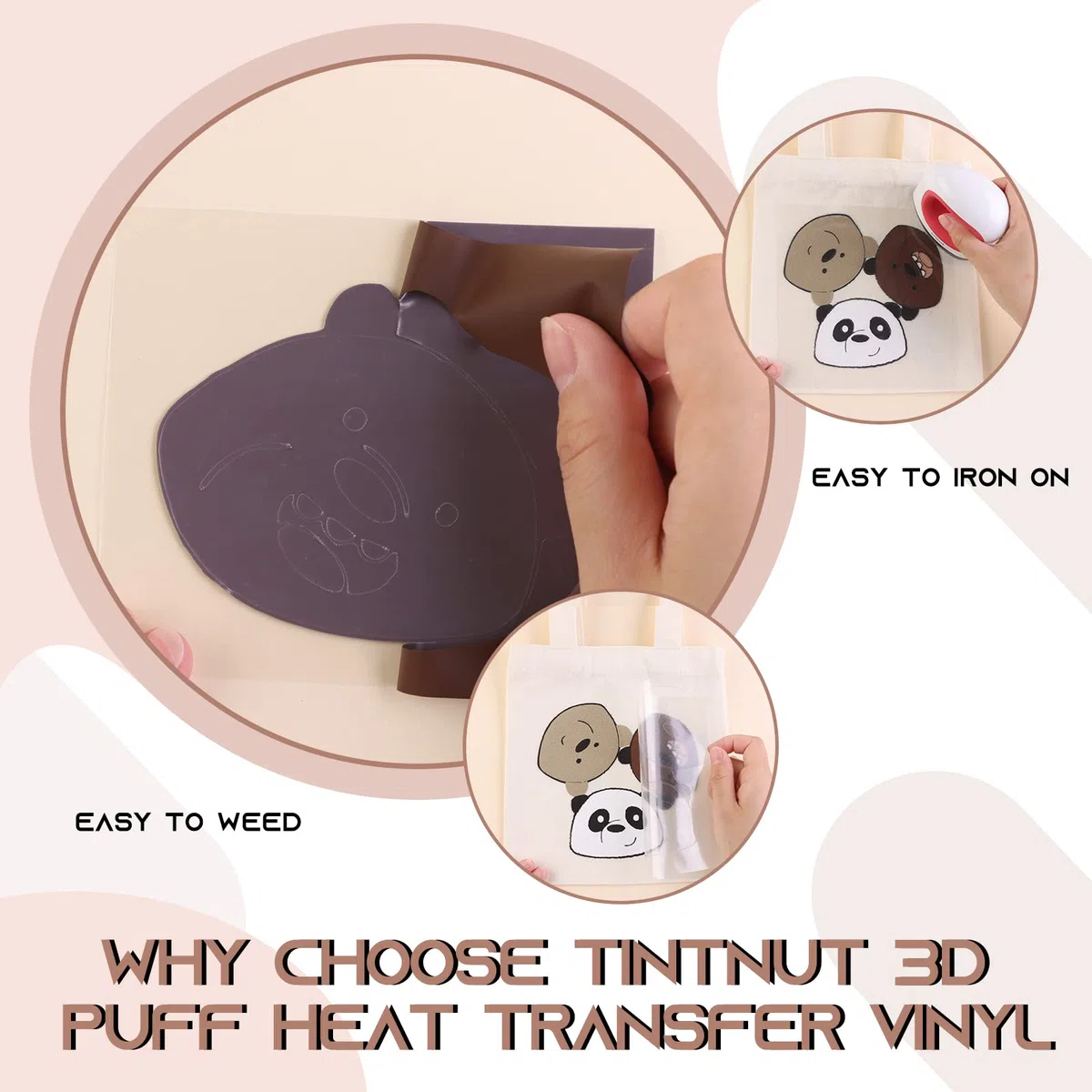 Tintnut Transferencia de calor de vinilo de 10 pulgadas x 6 pies 3D Brown Derby Puff HTV Roll Heat Transfer Vinilo Foaming Colorful Puffy Iron on Vinilo para Camisetas