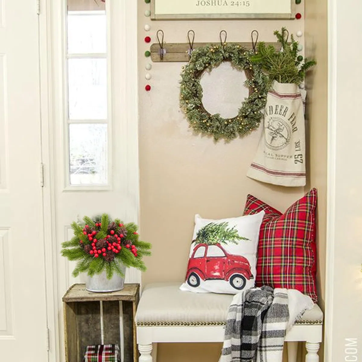 Fairblo 6 Piezas Ramas de Pino Artificial de Navidad, Ramas de Abeto con Bayas Rojas y Conos de Pino Naturales Adornos Navideños para Coronas de Navidad Decoración de Jarrones para Hogar