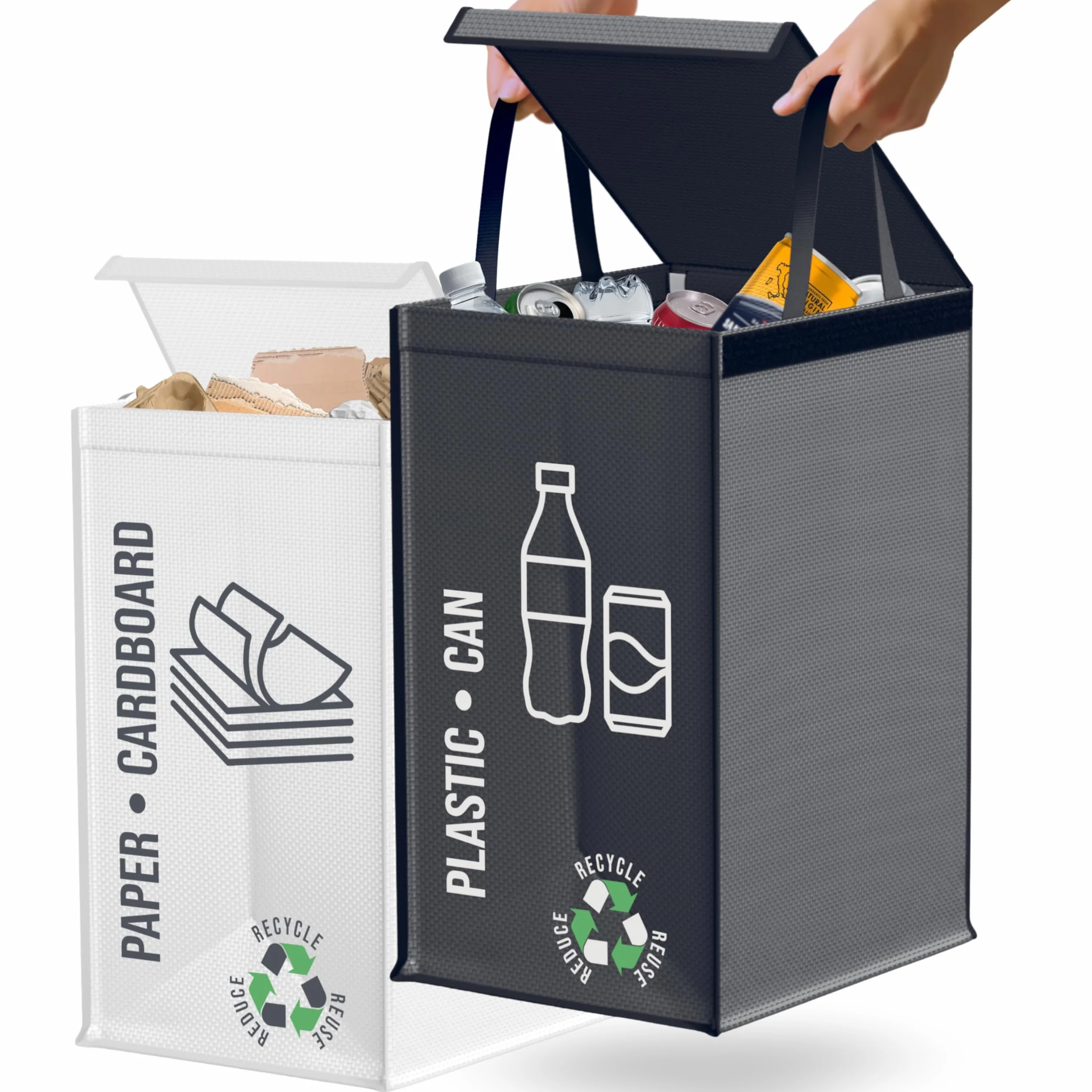 Cubos de basura de reciclaje - Set de 2 x 50L para plástico y papel - Cubo basura reciclaje duradero - Bolsas reciclaje basura colores - Papelera Reciclaje 2 Compartimentos