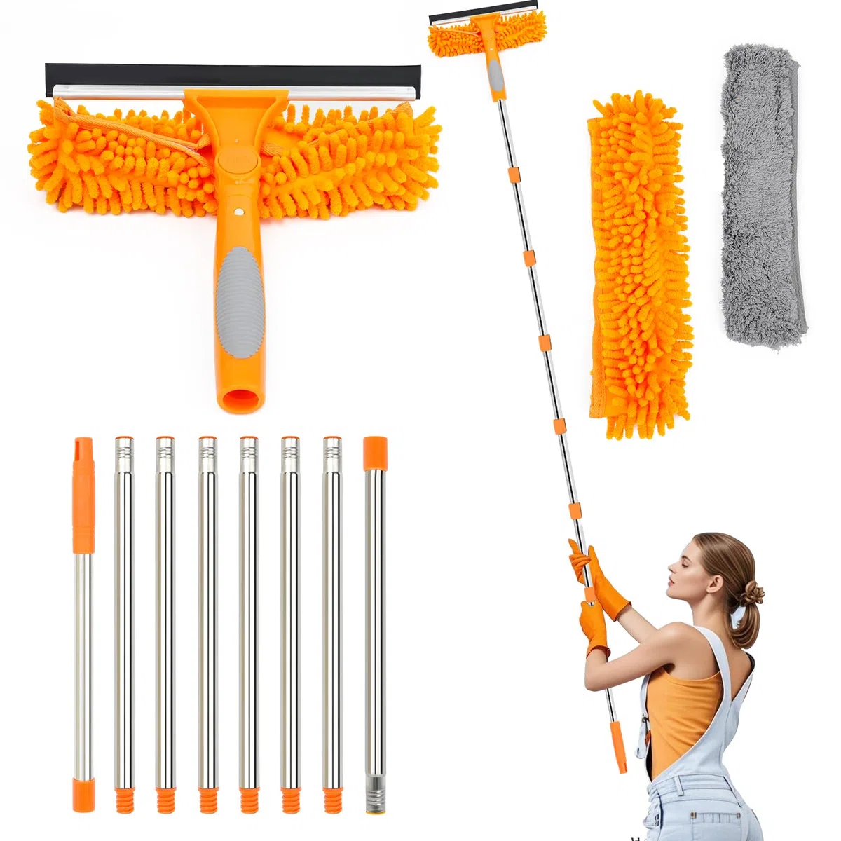 Limpiacristales Telescopico 3 en 1, Limpia Cristales con Mango de 4M, Incluye 2 Paños y Cuchilla de Silicona, Cabezal Giratorio de 270°, Ideal para Ventanas Altas y Coches Naranja