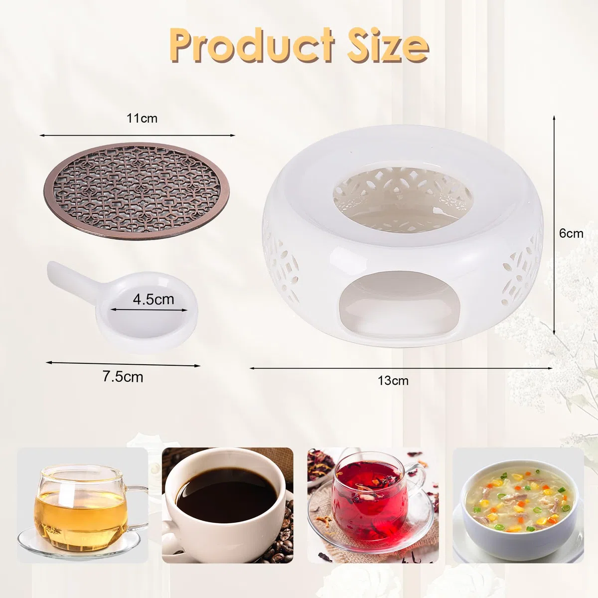 Calientaplato Calentador de Tetera de Cerámica, Blanca Calentador en Porcelana con Portavelas, Diseño Tallado Hueco, Calentador de Té para Mantener Té Café Leche