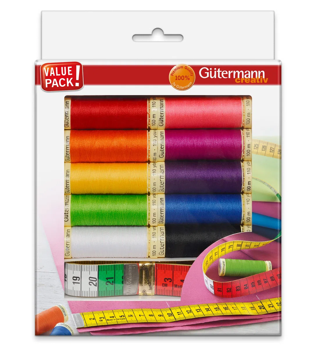 Gütermann creativ Set hilo de coser con 10 bobinas de Coselotodo de 100 m en tonos vivos + una cinta métrica de sastre
