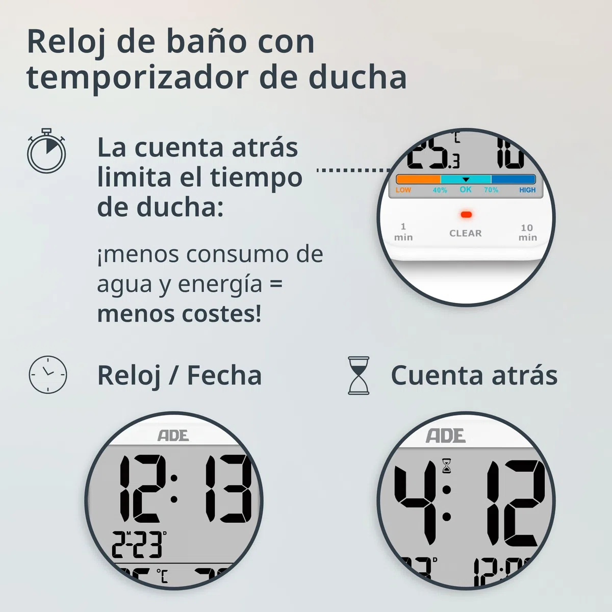 ADE Reloj de baño Digital con higrómetro y termómetro | Resistente al Agua IP65 | Temporizador de Ducha | Gran Pantalla LCD | función de Cuenta atrás