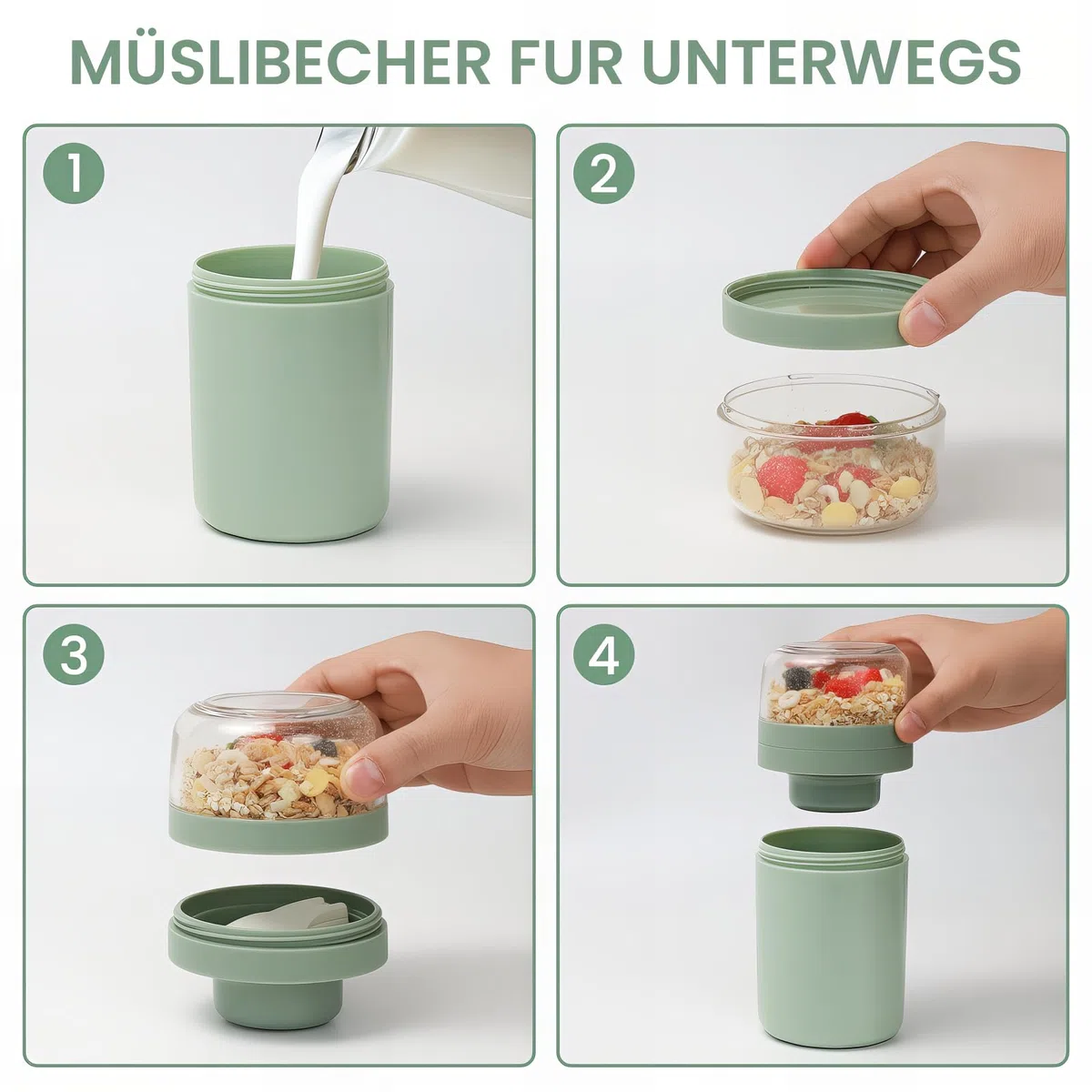 Bugucat Taza de Yogur 520ML+250ML, Porta Yogur y Fruta Vaso de Cereales para Llevar con Tapas y Cuchara, Reutilizable Porta Vaso Portátil Taza de Cereales con Recipiente para Ensaladas,Verde