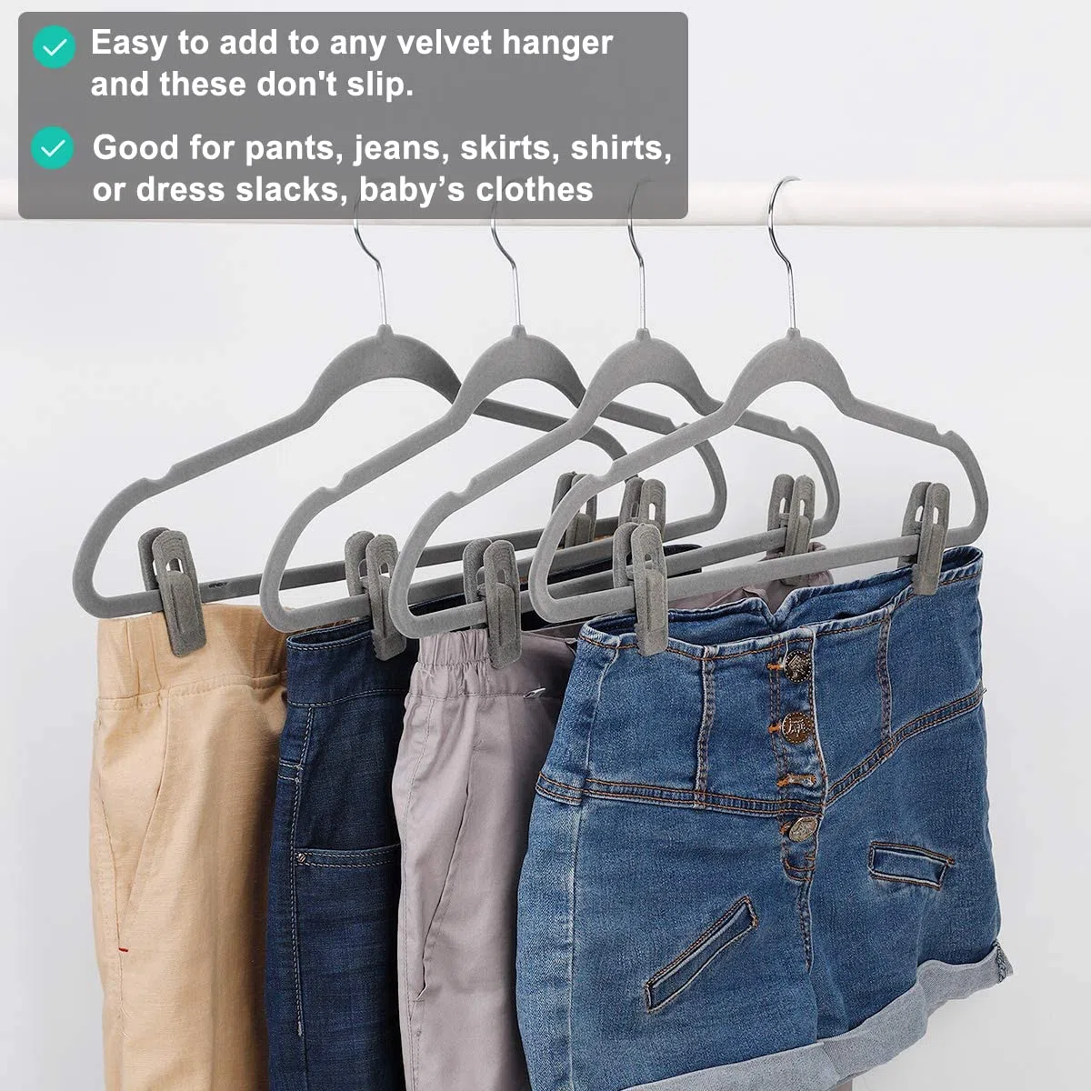 TOFIIGREM Perchas de terciopelo (24 piezas, gris), clips antideslizantes para pantalones, trajes y faldas
