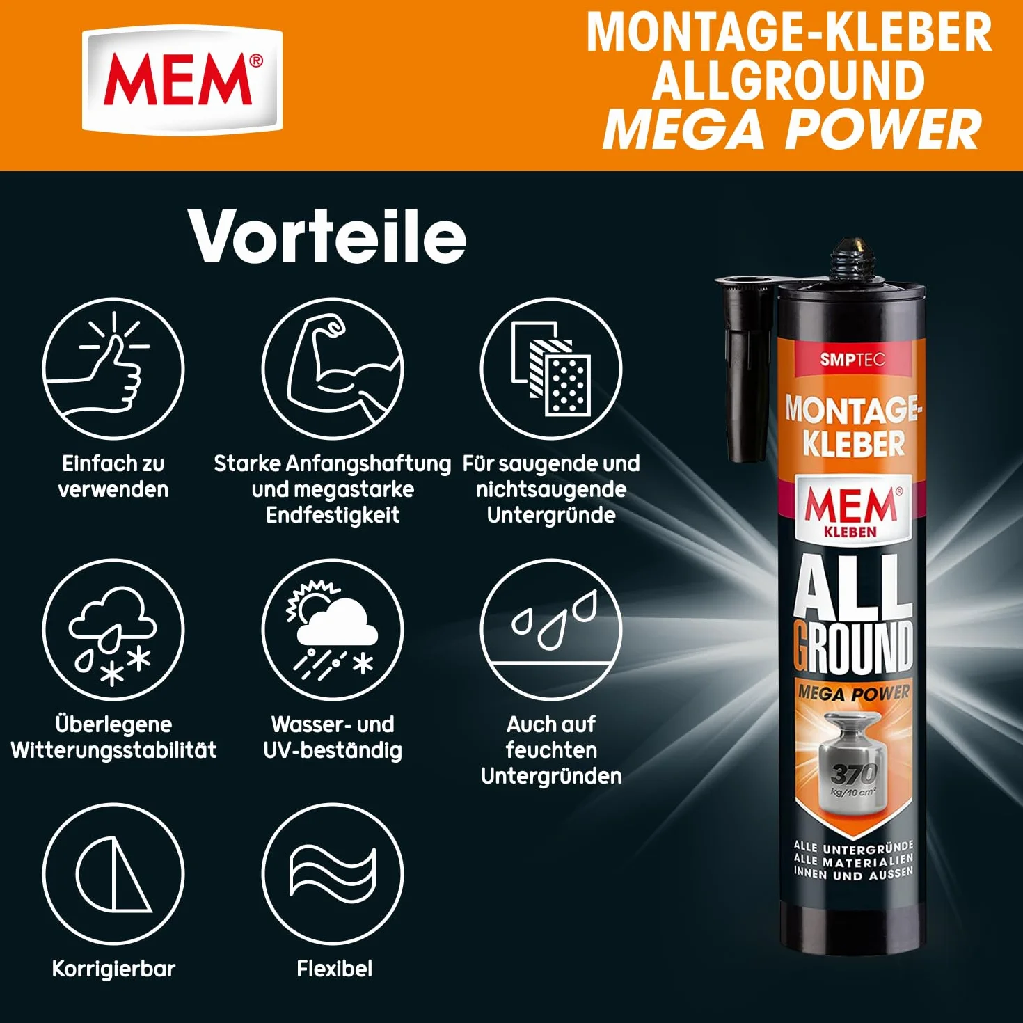 MEM Pegamento de montaje Allground Mega Power, resistente al agua y a los rayos UV, alta adherencia inicial y gran resistencia final, para casi todas las superficies, sin disolventes, cartucho de 450