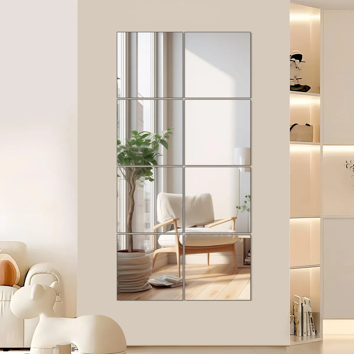Juego de 4 azulejos de espejo autoadhesivos (25 x 25 cm) – Espejo de pared de cristal real HD (sin distorsión) – Azulejos de espejo sin marco para armario, puerta, baño y decoración