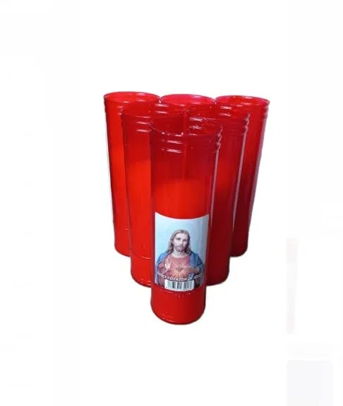Pack de 6 Velones V-7 con estampación del sagrado corazón de Jesús envase de color rojo.