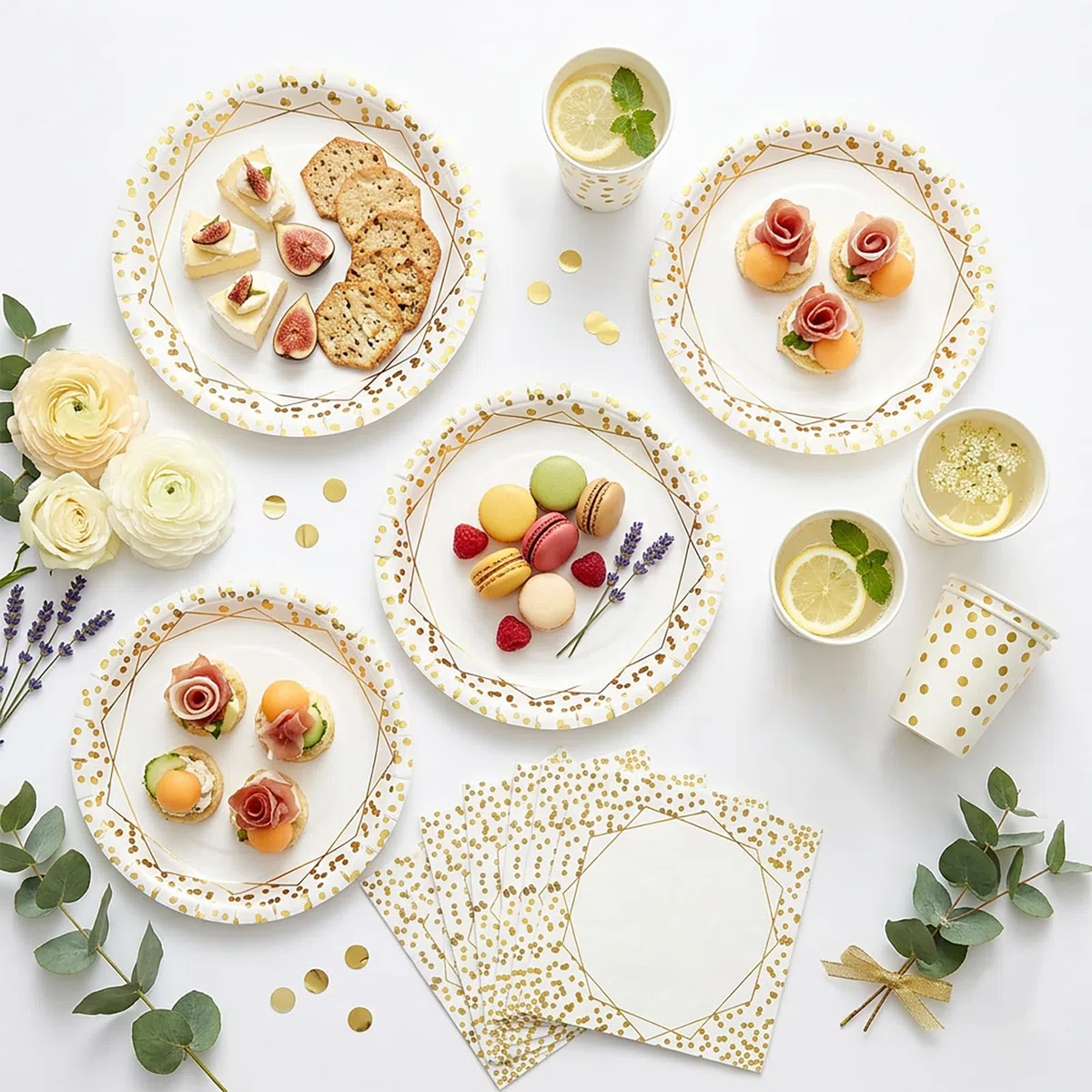 Conjunto de vajilla en color blanco dorado, compuesto por 80 piezas: incluye platos, vasos de papel y servilletas, ideal para fiestas de cumpleaños, banquetes y otras ocasiones-20 Invités