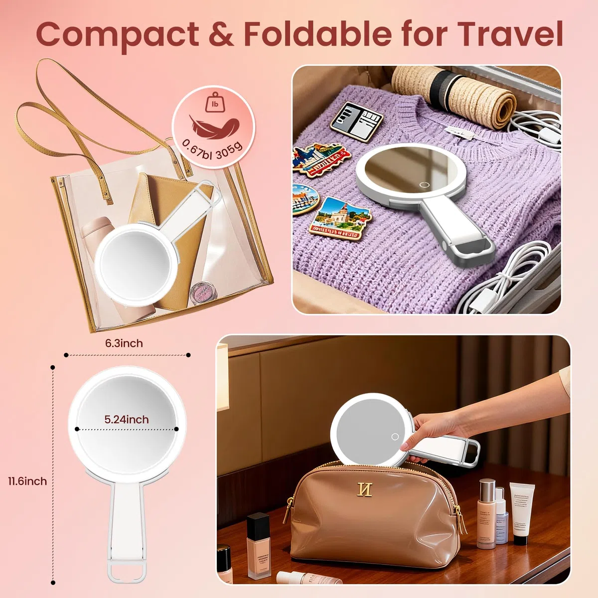 Espejo Maquillaje con Luz, 1X/10X de Doble Cara Espejo Tocador con Luz, Espejo Maquilhagem con 3 Modos de Iluminación, Espelho Luces Maquillaje con Aumento,USB,Sobremesa,Portátil para Viajes