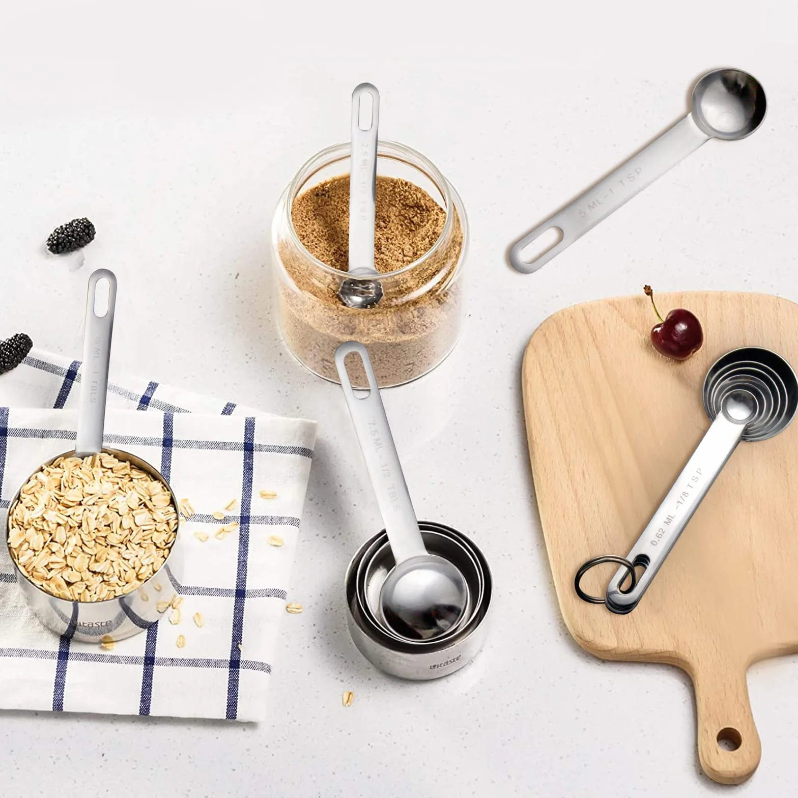 Juego de 6 cucharas medidoras: 1/8, 1/4, 1/2 cucharadita, 1/2 cuchara, 1/2 cuchara, 1 cuchara de cocina de acero inoxidable, cuchara medidora de ingredientes líquidos secos, medición de horneado de