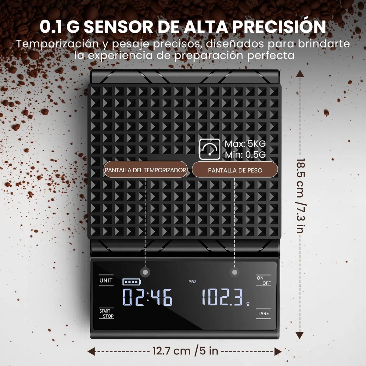 Báscula de Café Digital con Temporizador, Recargable Báscula de Espresso de Precisión 5 kg/0,1 g, con Pantalla LCD y Medición Automática Del Tiempo