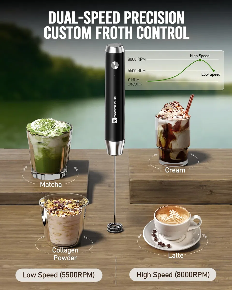 Maestri House Espumador de Leche, Recargable Espumador Leche Electrico con Agitador de Acero Inoxidable, Impermeable Mini Batidor Electrico para Café, matcha, Lattes, capuchino, LunaFro NS
