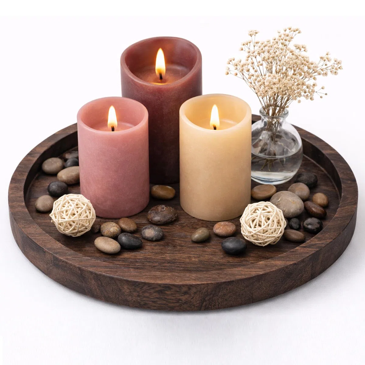 Bandeja Redonda de Madera Oscura para Velas, Bandeja Decorativa Centro de Mesa Rústico para Mesa de Centro Salón Decoración Hogar