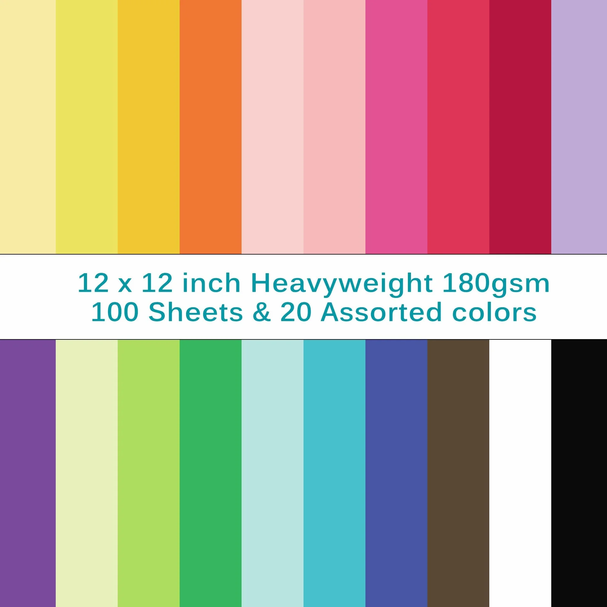 Cartulina de colores de 12" x 12" - 100 hojas de papel para tarjetas, 20 colores, 180 g/m², 65 lb, 30,5 × 30,5 cm, para hacer tarjetas, arte y manualidades, UAP10