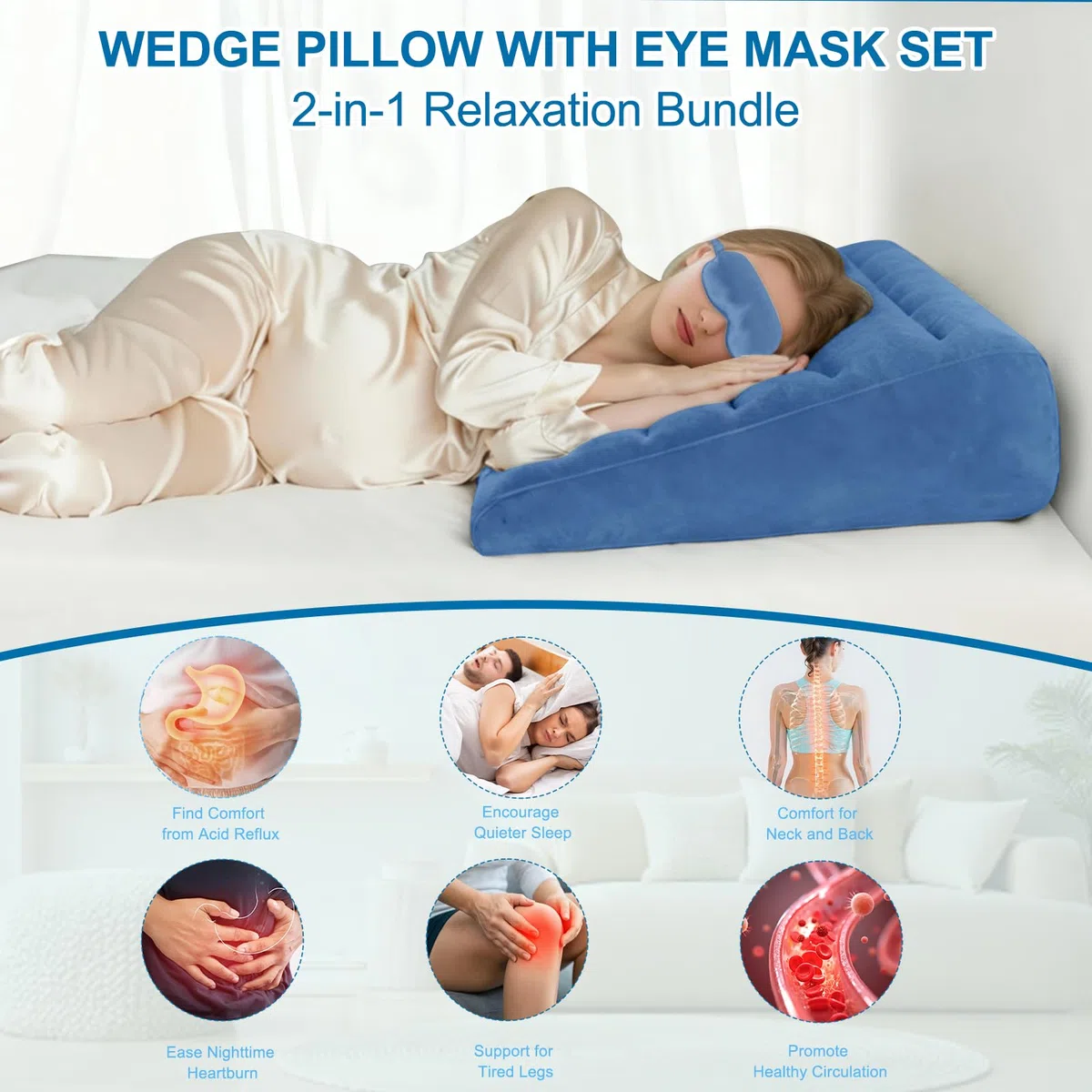 Almohada Cuña Hinchable De Viaje Para Dormir, Cojín Triangular Ergonómico Para Elevar Piernas Y Espalda, Cojín Cuña Portátil Ajustable Con Máscara De Ojos, Soporte Para Cama, Coche U Oficina, Azul