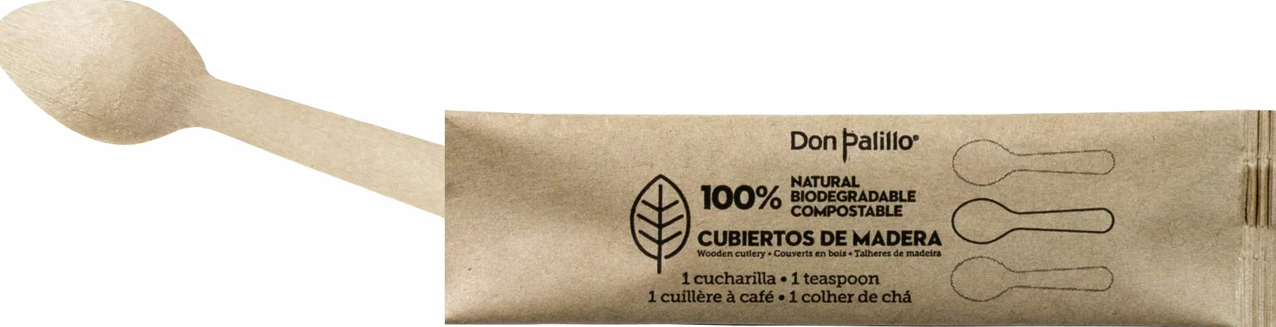 100 cucharillas de madera desechables envueltas individualmente en papel kraft. Ideales para café, infusiones, postres...