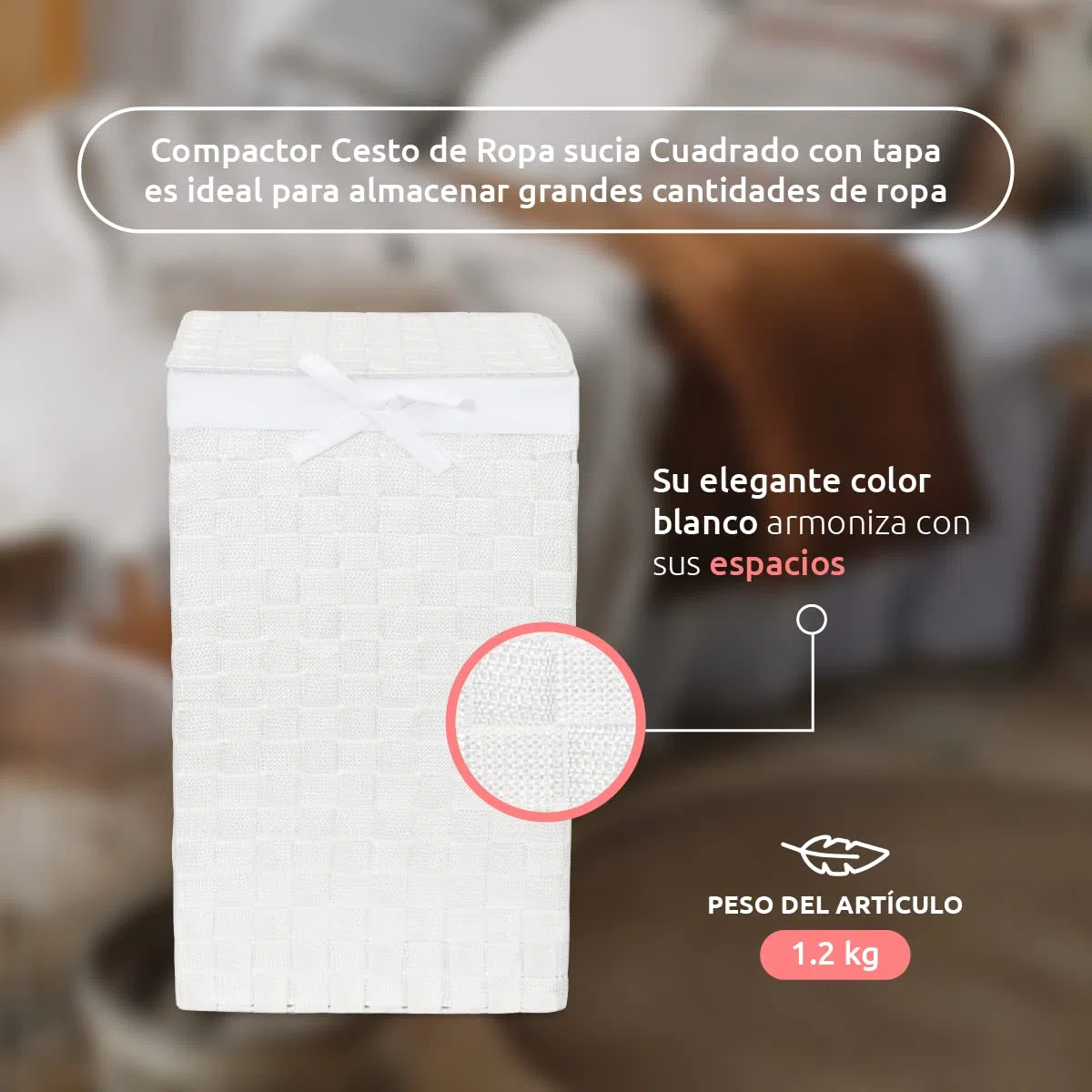 Cesto de almacenaje para ropa de forma cuadrada con tapa. Modelo "Stan". Material. Hilo trenzado. Color blanco. Tamaño: 30 x 30 x 50 cm. RAN6889