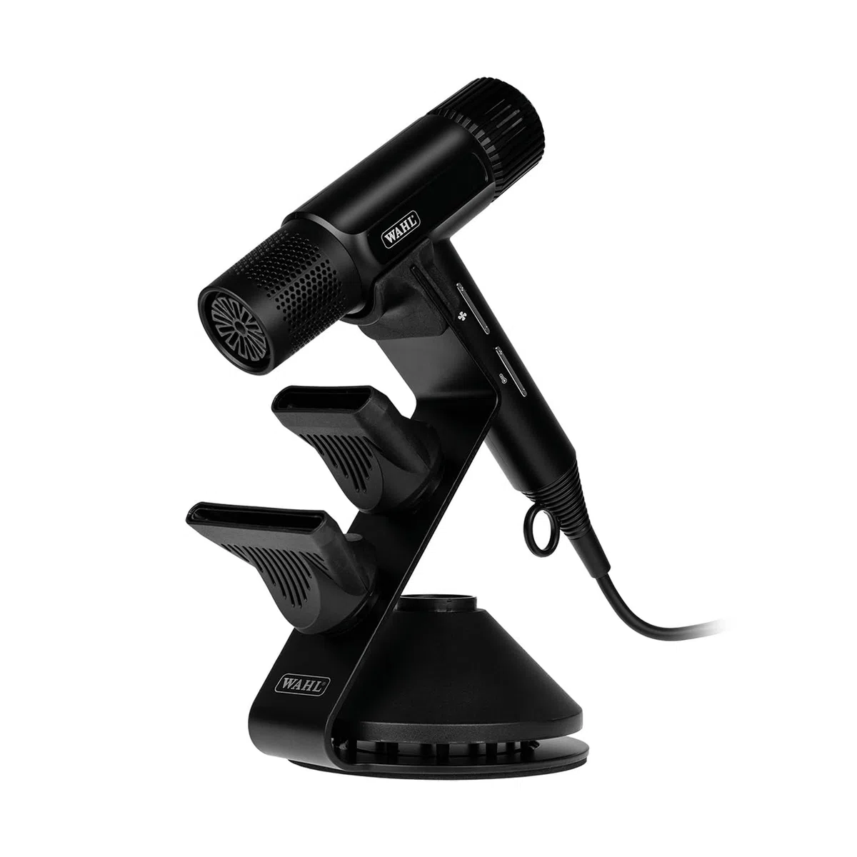WAHL Vanquish Hair Dryer Stand, almacenamiento para secador de pelo, accesorios magnéticos, base lastrada para mayor seguridad, estructura antideslizante, color negro